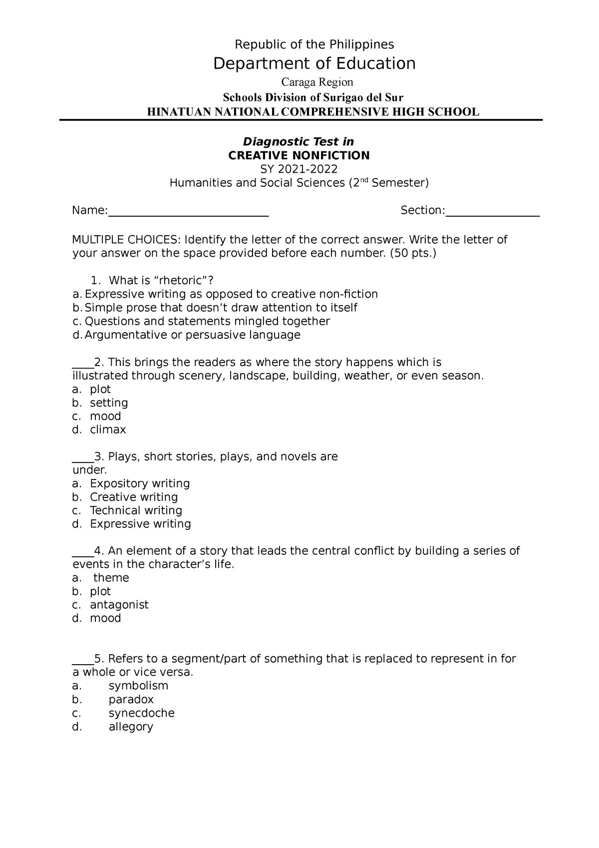 creative writing diagnostic test with answer key