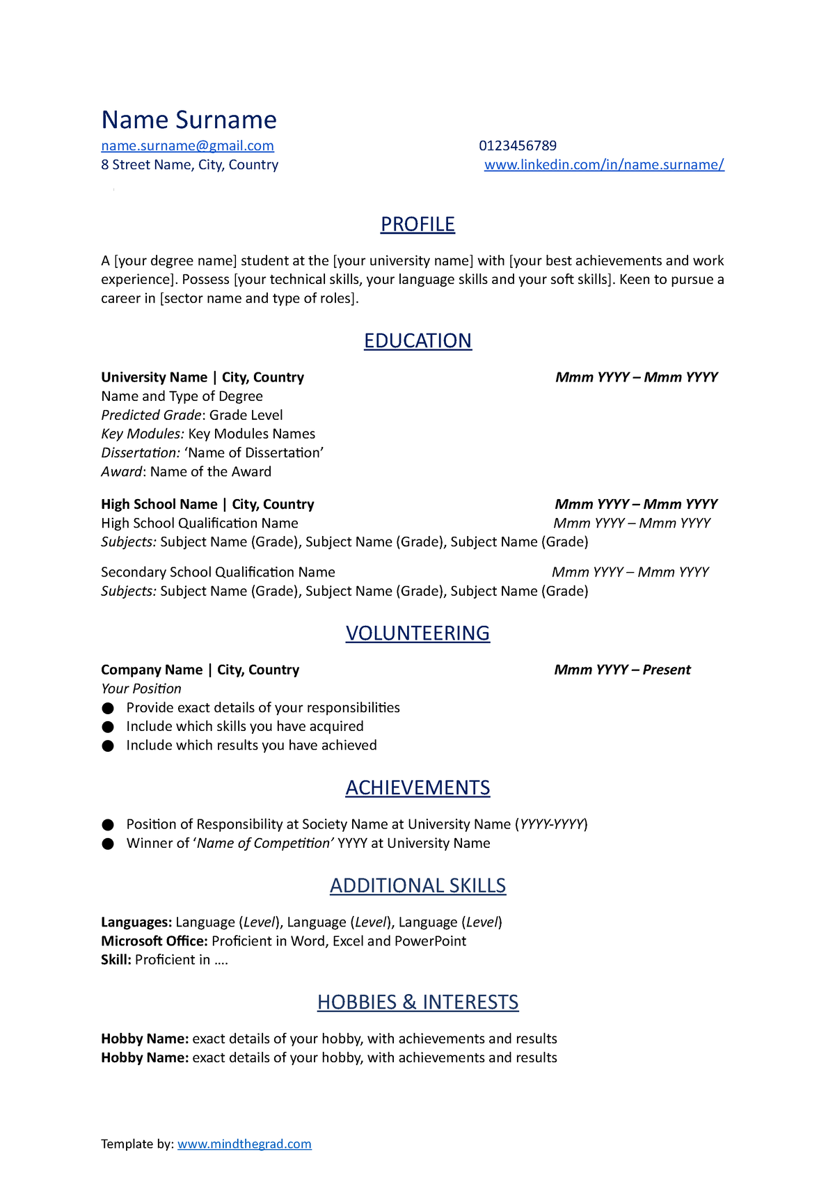 FREE CV Template - Curriculum Vitae - Name Surname name@gmail ...