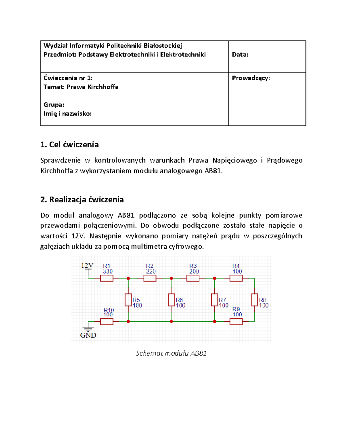 Podstawy Elektrotechniki I Elektroniki Sprawozdanie 1 - Wydział ...