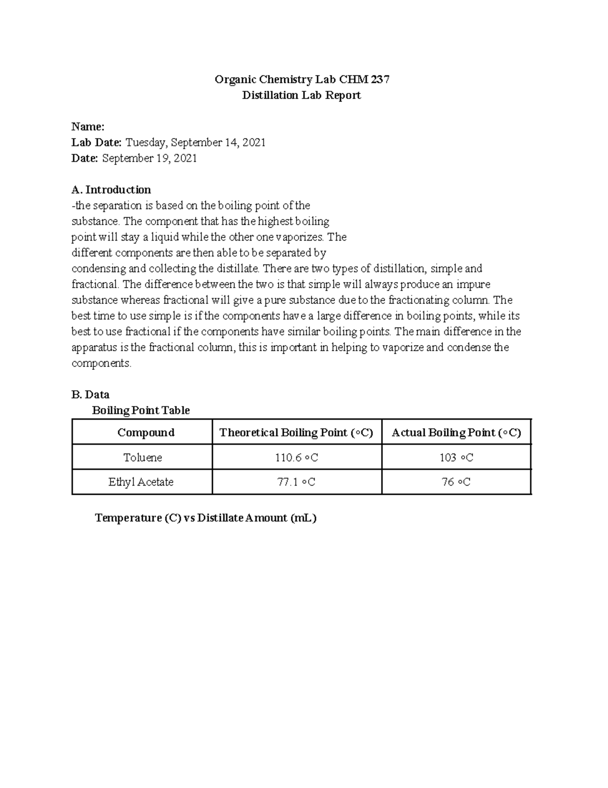 Distillation Lab Report Organic Chemistry Lab CHM 237 Distillation
