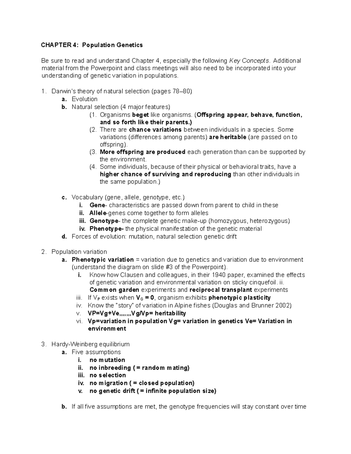 Chapter 4 Important ideas - CHAPTER 4: Population Genetics Be sure to ...