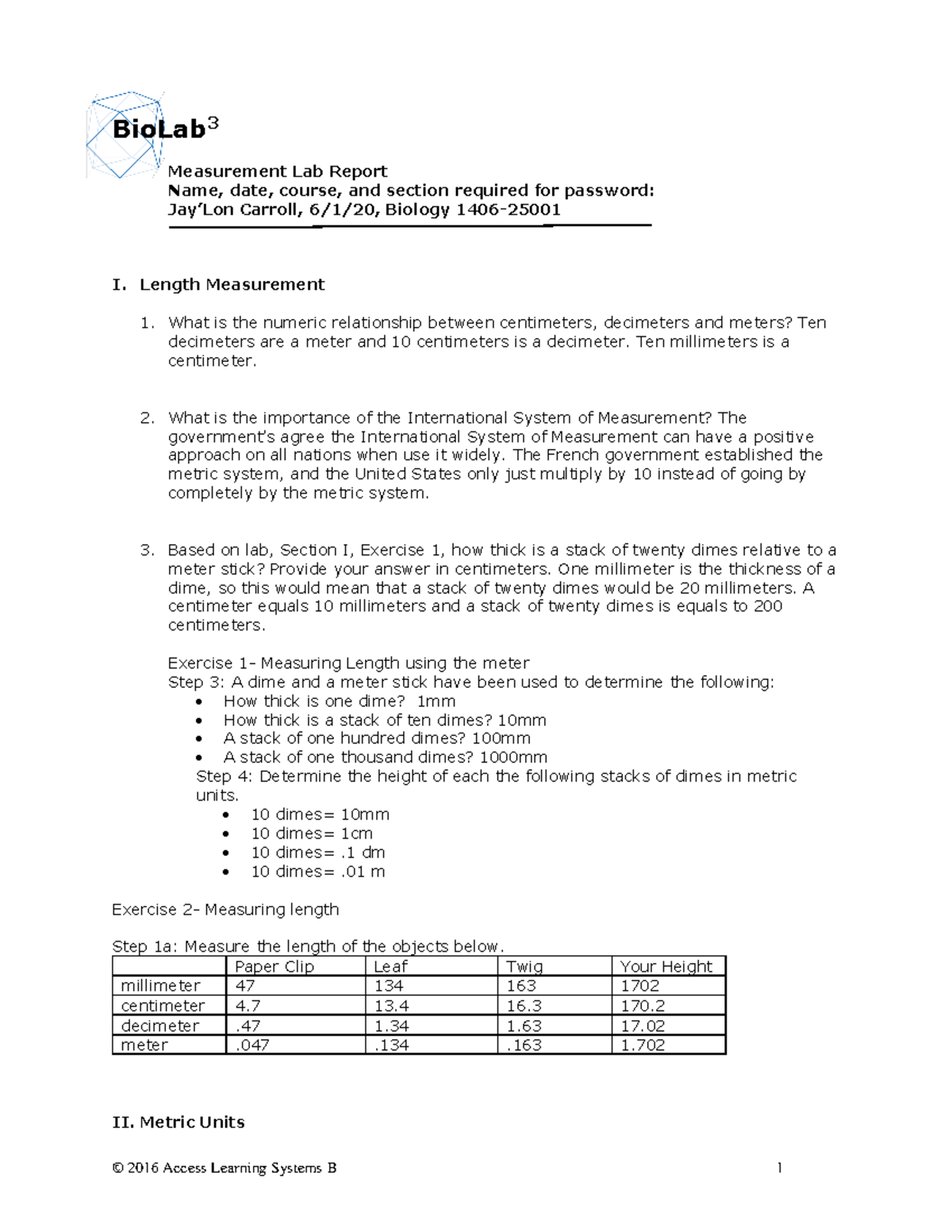 Measurement LR - lab report - BioLab 3 Measurement Lab Report Name ...