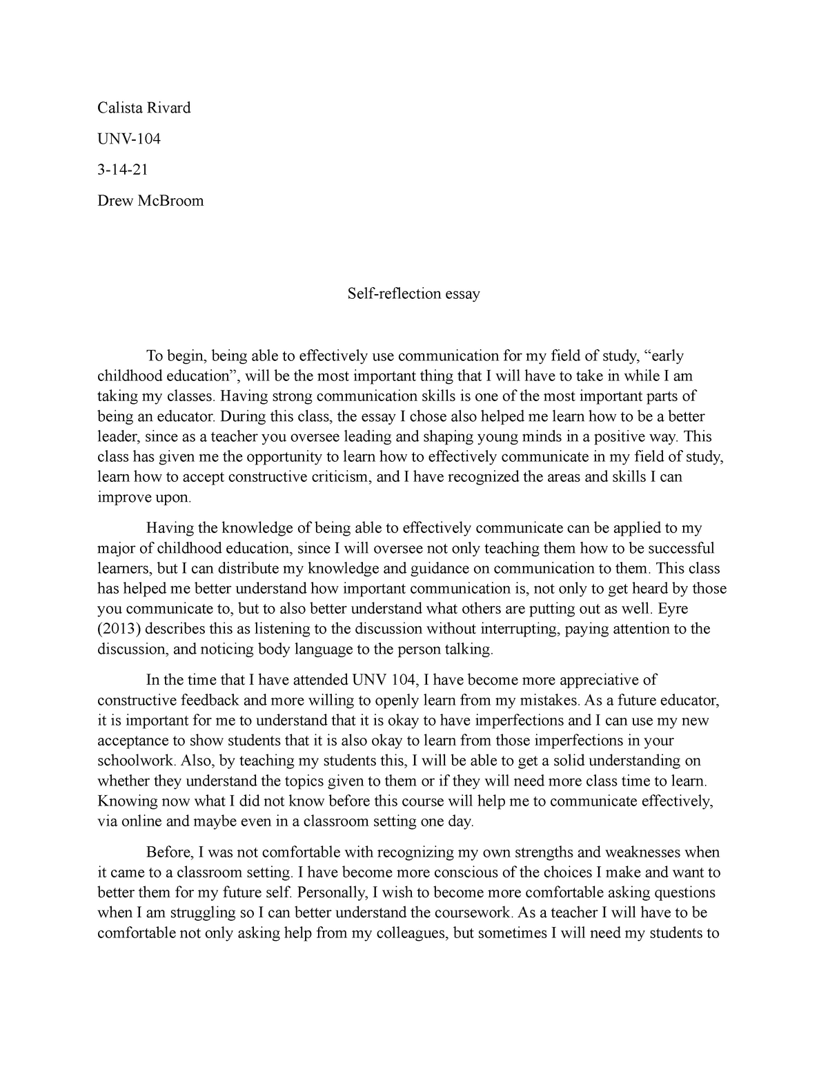 self reflection research essay