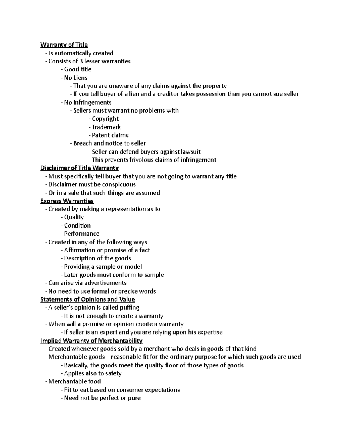 Business Law Chpt 23 - Warranty of Title - Is automatically created ...