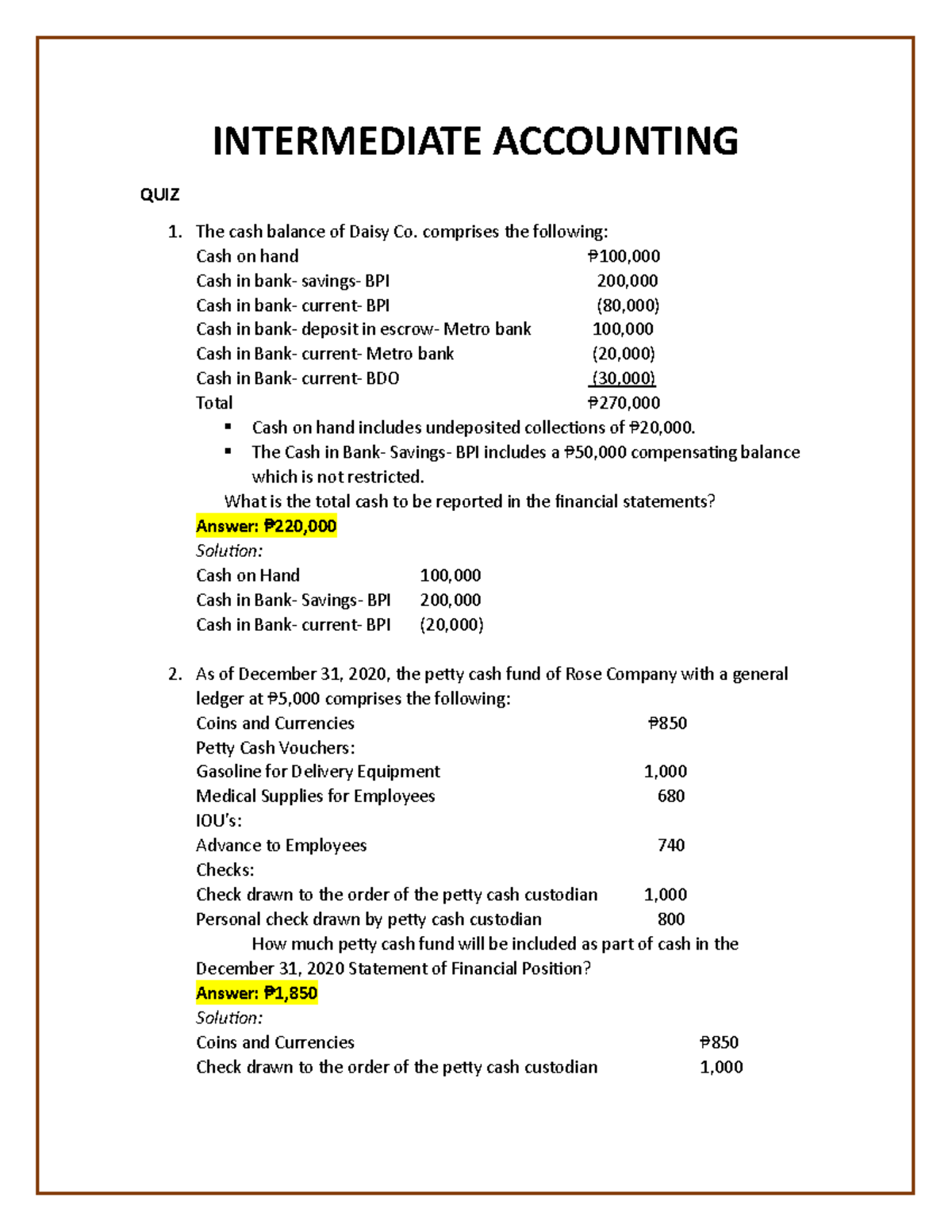 Intermediate Accounting - Quiz With Answers - INTERMEDIATE ACCOUNTING ...