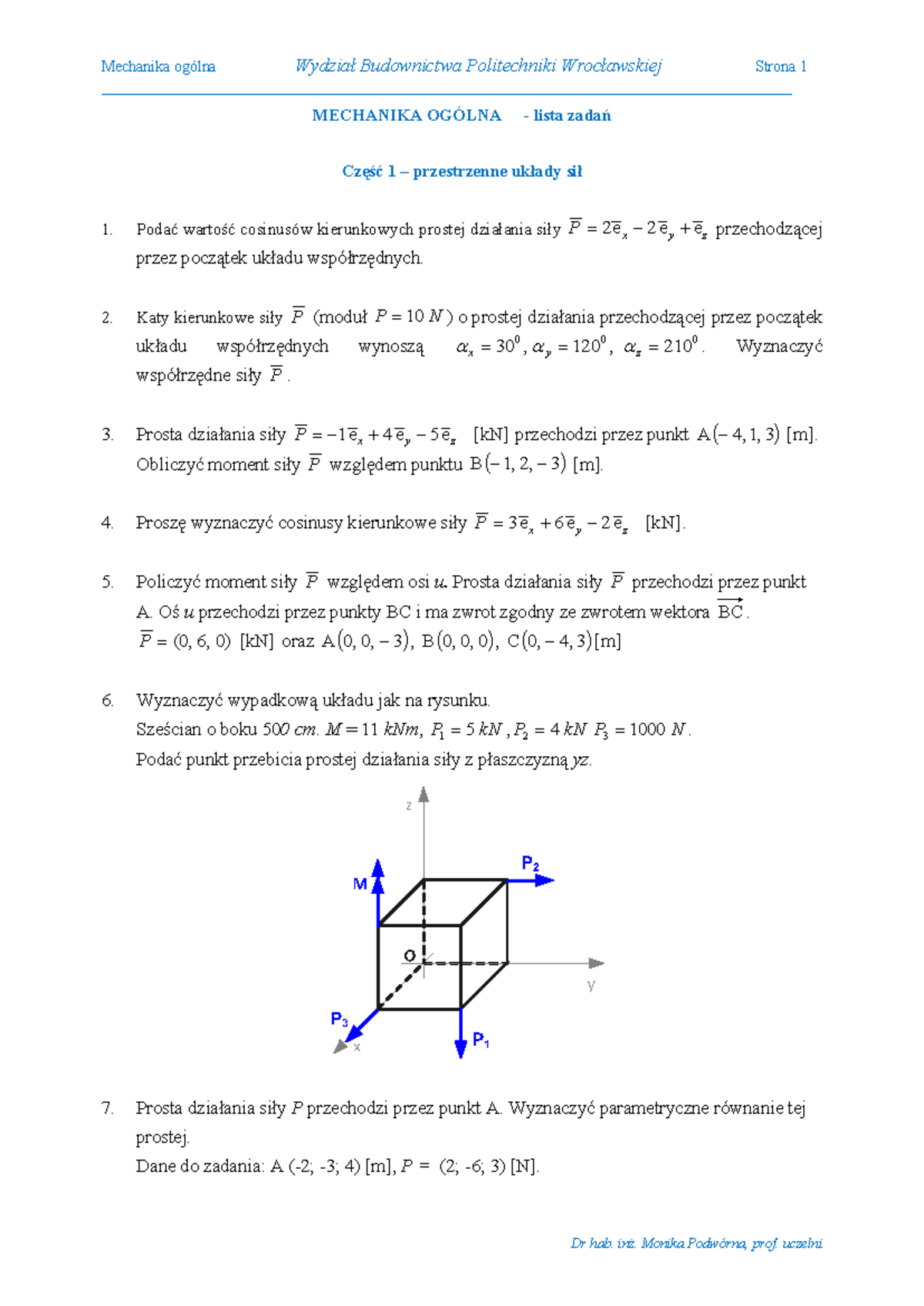 MO lista zadan - MECHANIKA OGÓLNA - lista zadań Część 1 – przestrzenne ...