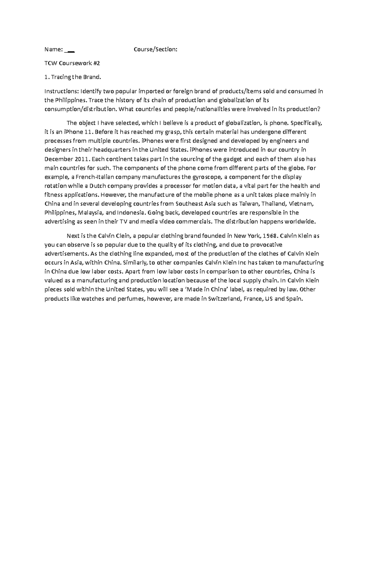 TCW coursework 2 - notes - Name: ___ Course/Section: TCW Coursework ...