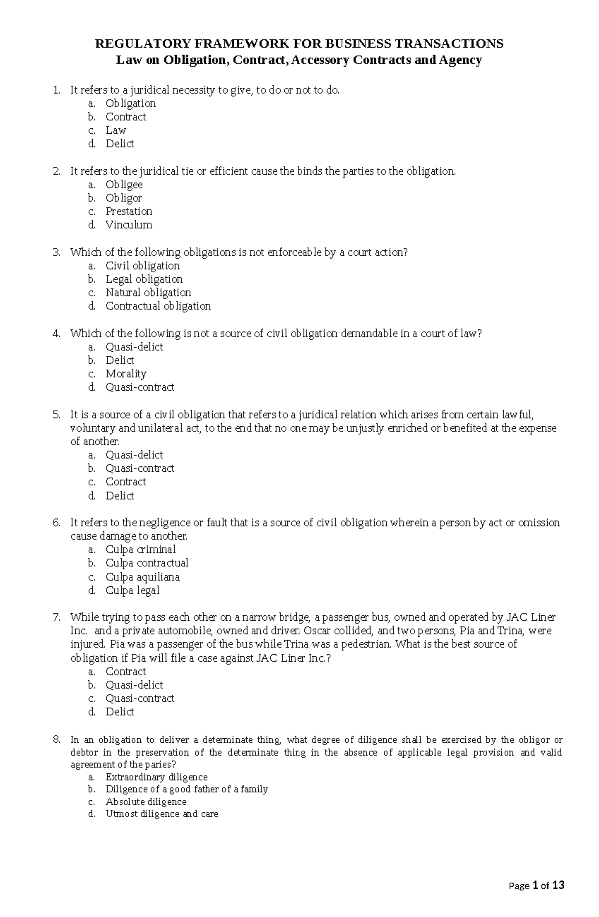 Handout One Law on Obligation Contract Accessory Contracts and Agency 1