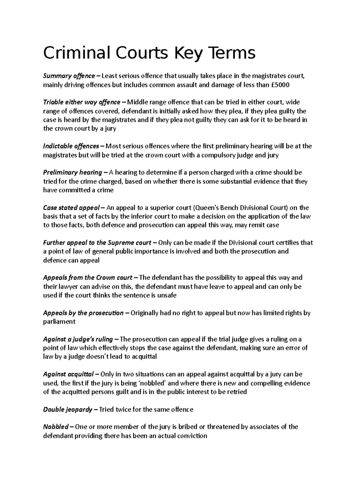 Criminal Courts Key Terms - Criminal Courts Key Terms Summary offence ...