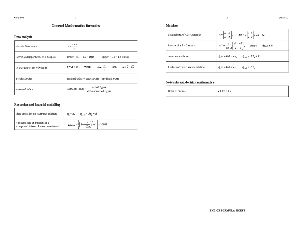 General Mathematics 1 - Formula sheet - GM EXAM 2 General Mathematics ...