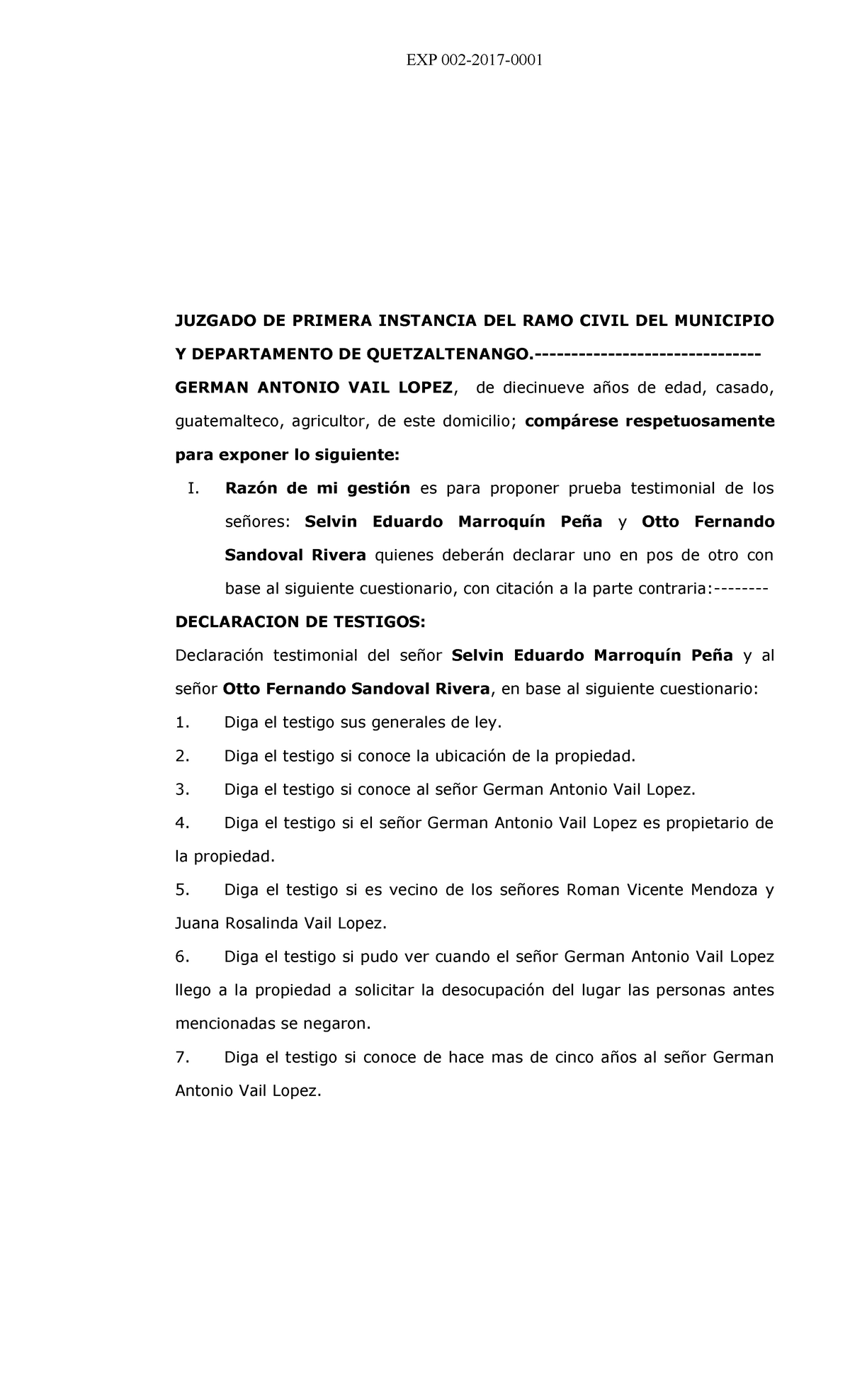 Veintidos Memorial Declaracion De Testigos Procesal Civil Y Mercantil Exp 002 2017 Juzgado De 6893