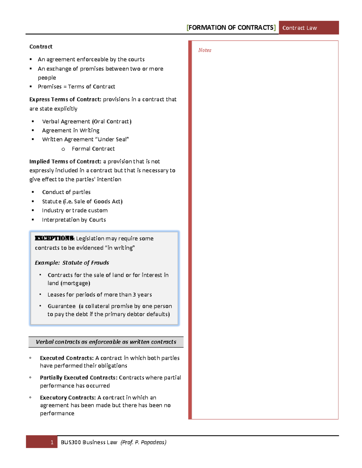 Contract Formation - Note-Taking Guide - Contract Notes An agreement ...