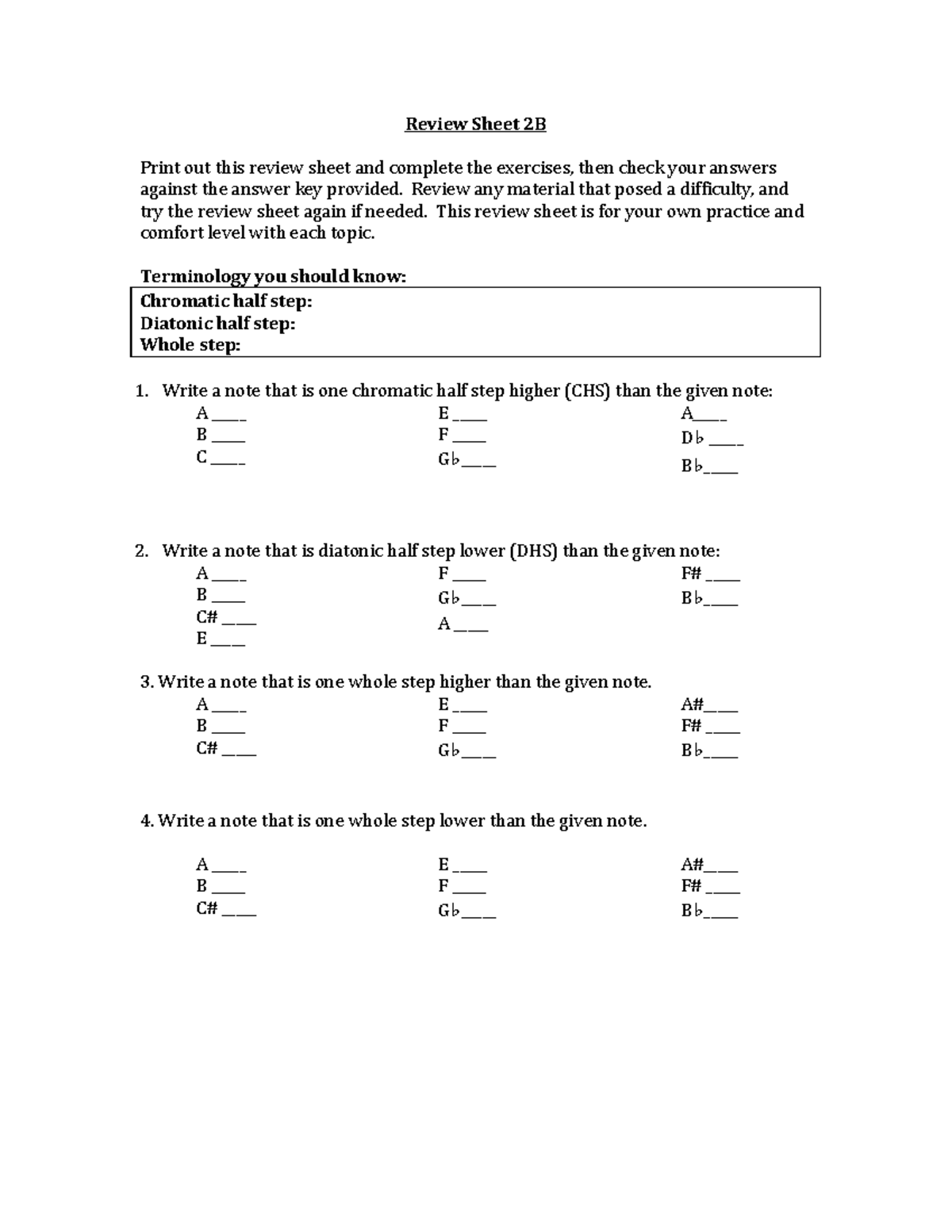 Review Sheet 2B: Note Relationships - Accidentals, half and whole steps ...