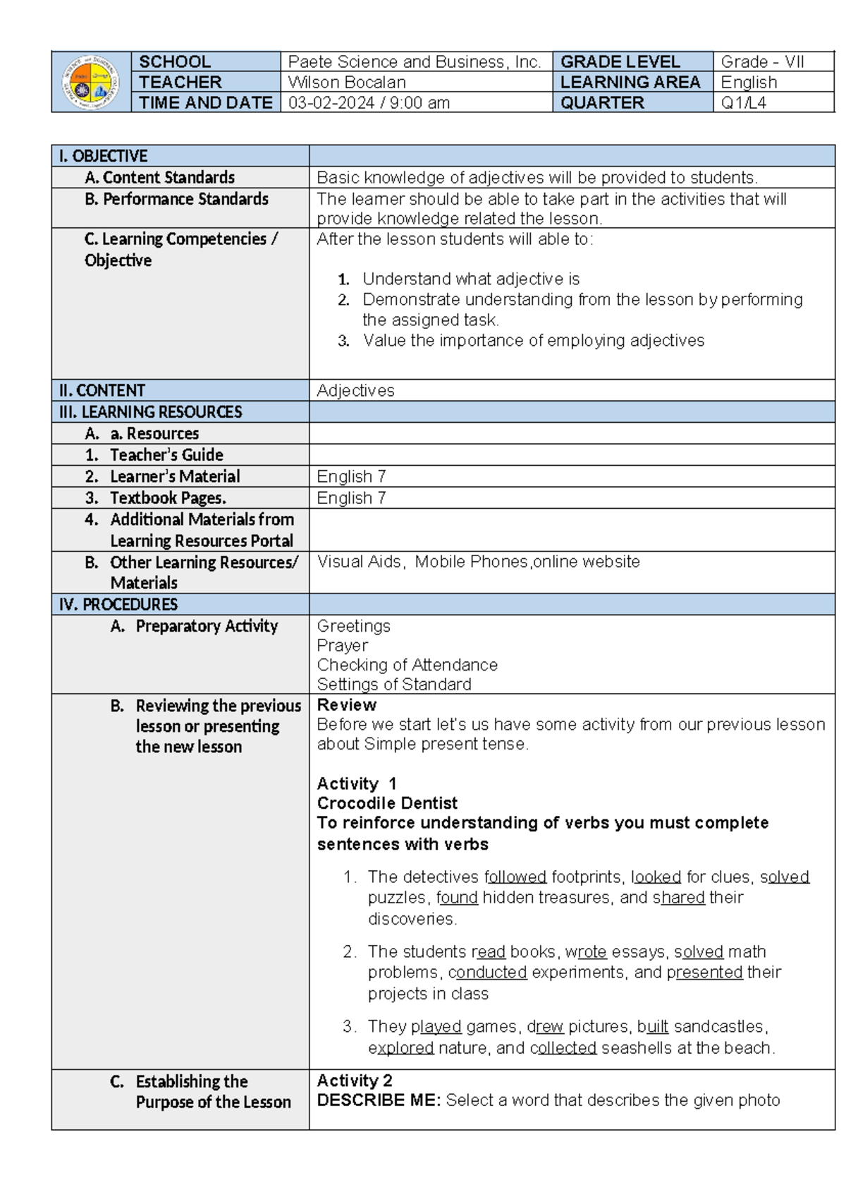 Lesson exemplar - SCHOOL Paete Science and Business, Inc. GRADE LEVEL ...