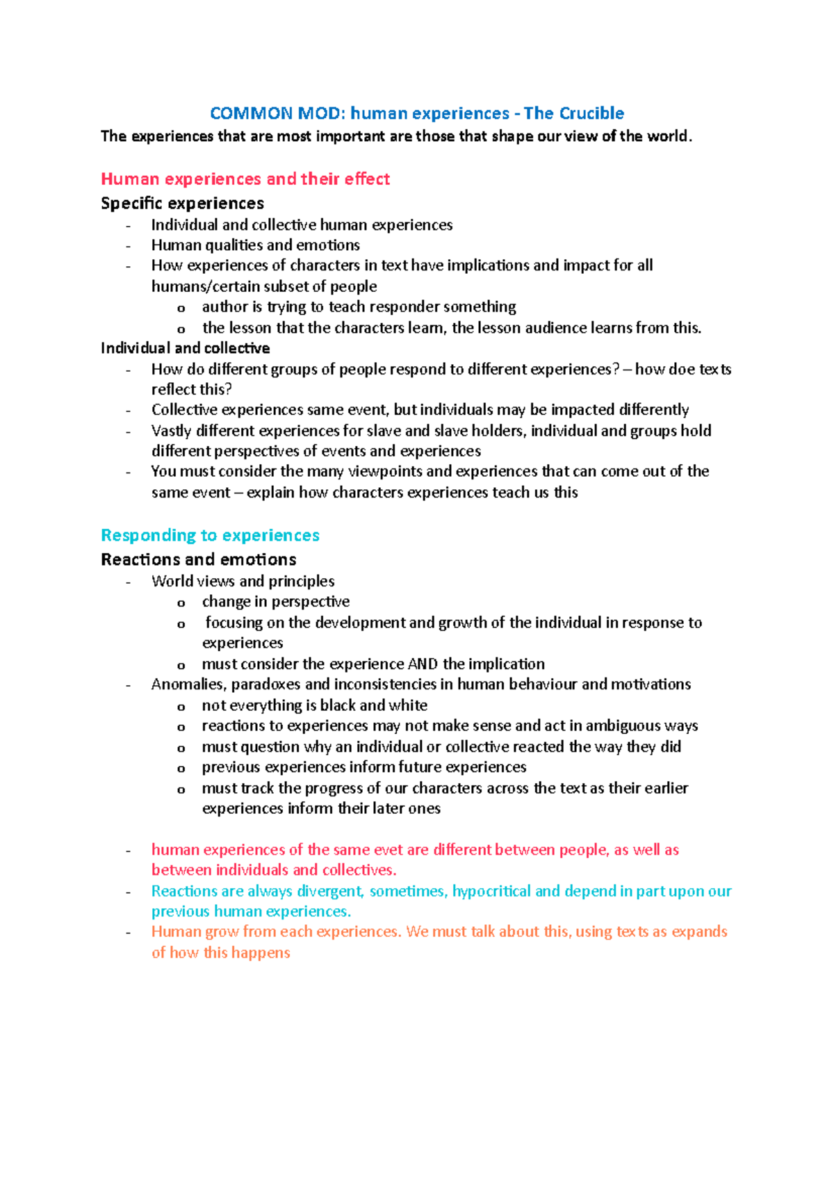 COM MOD notes COMMON MOD human experiences The Crucible The