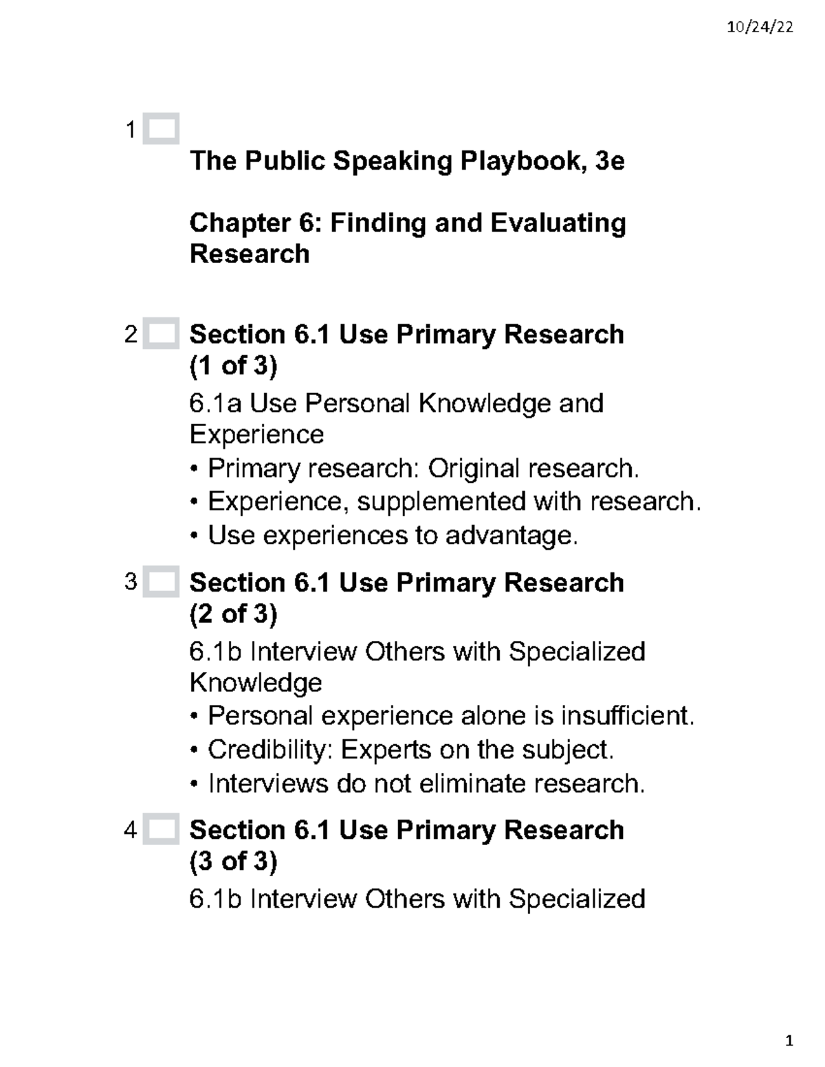 COMM 1100 Outline #1 - notes - 10/24/ 1 The Public Speaking Playbook ...