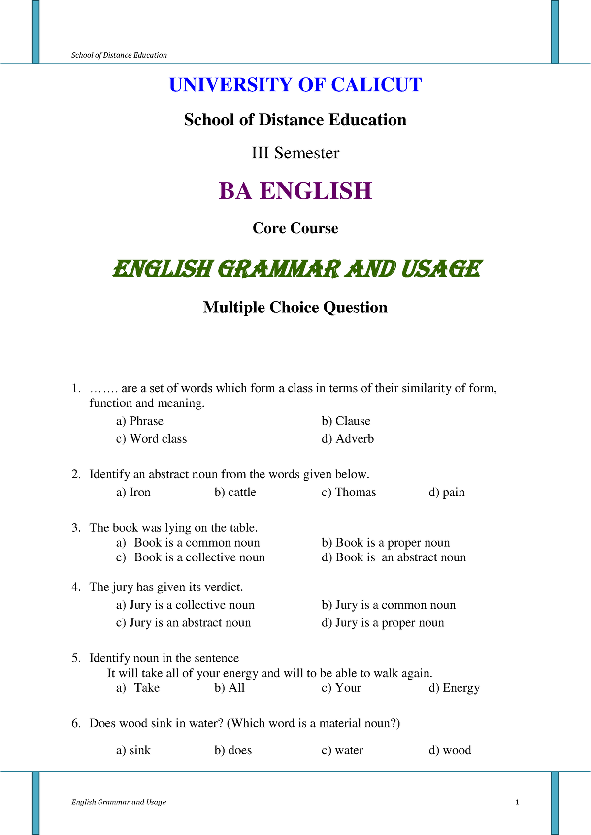 Third Semester B A English Core Paper English Grammar And Usage MCQ ...