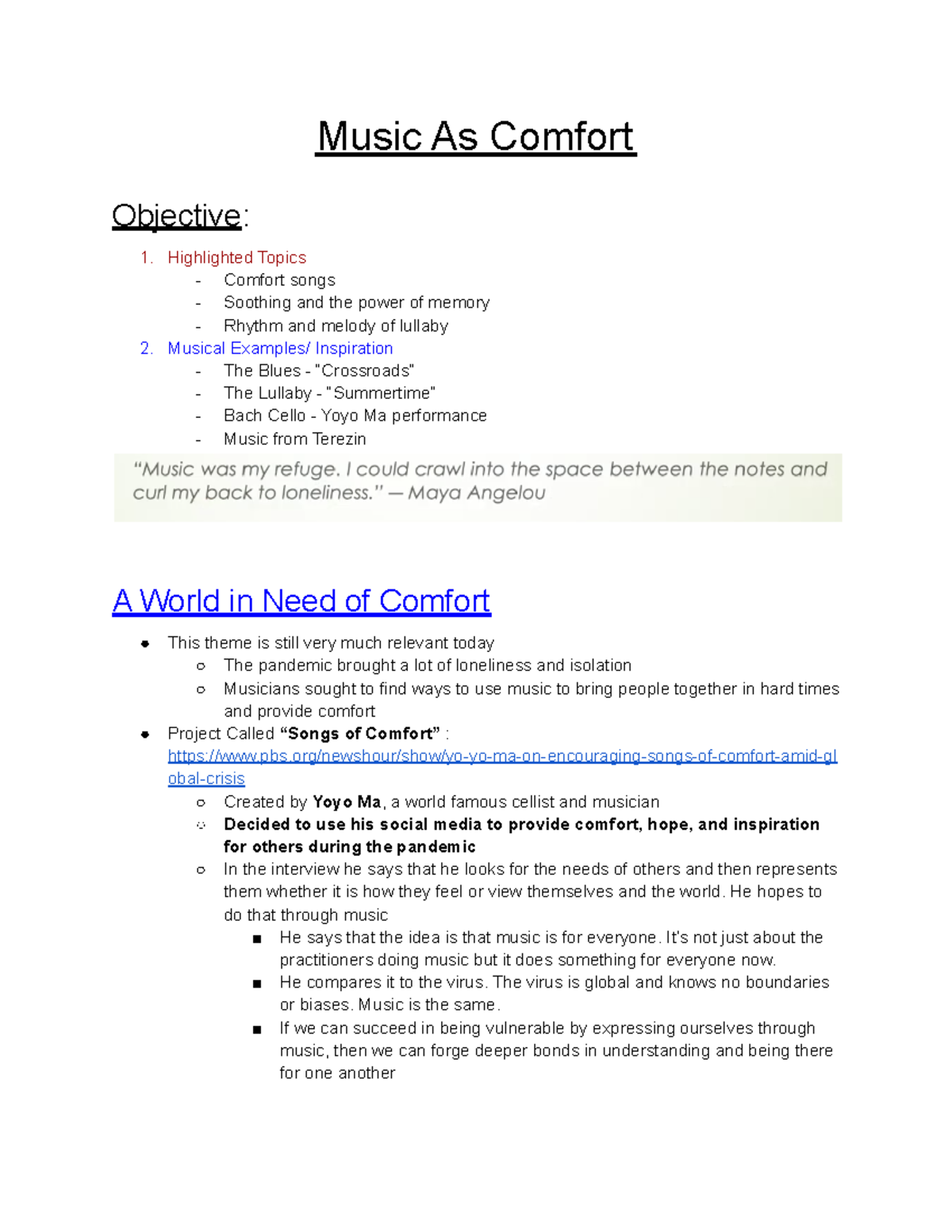 Music as Comfort Notes Instructor Meryl Sole Music As Comfort