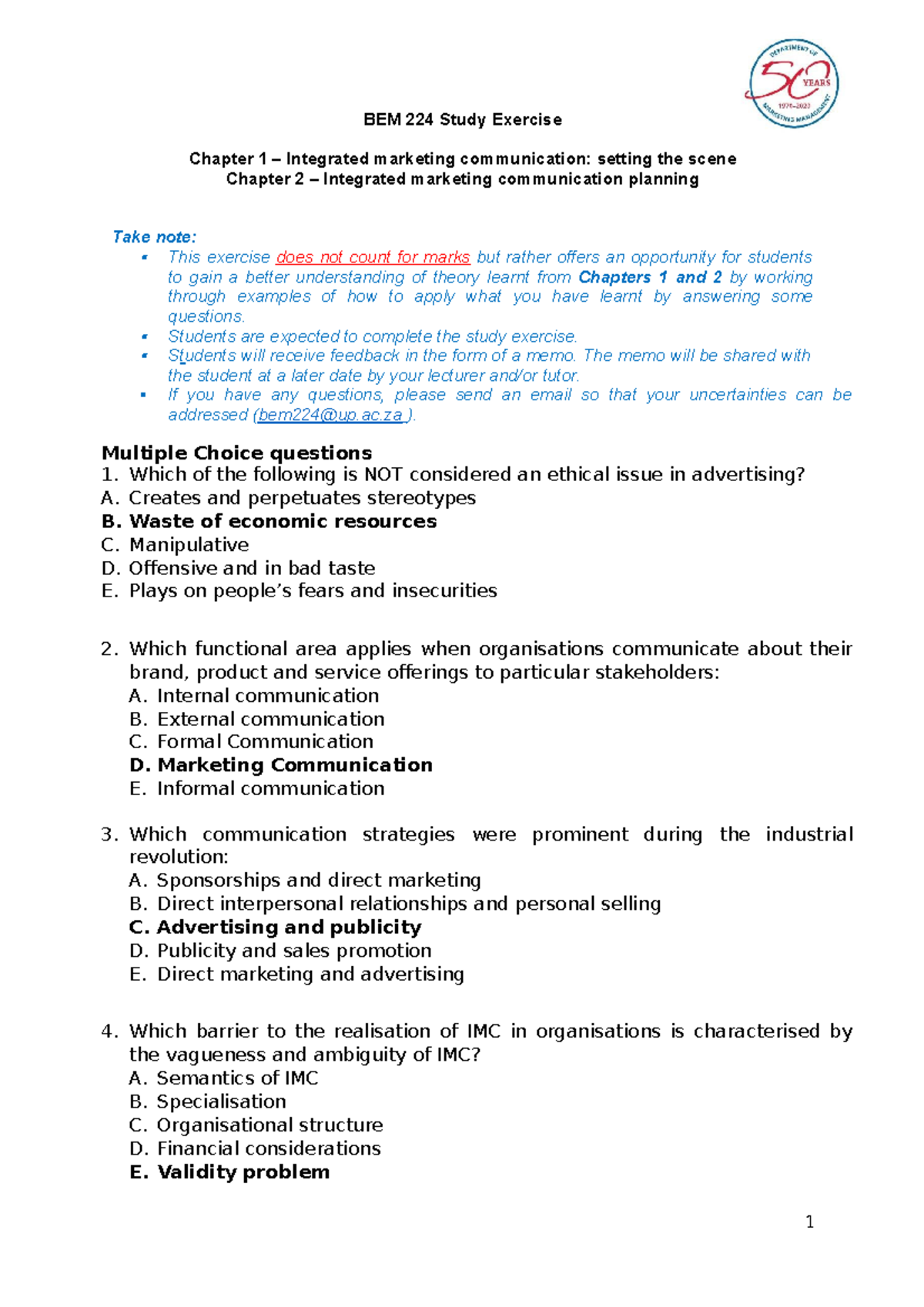 Chapter 1 And 2 - BEM 224 Study Exercise Chapter 1 – Integrated ...