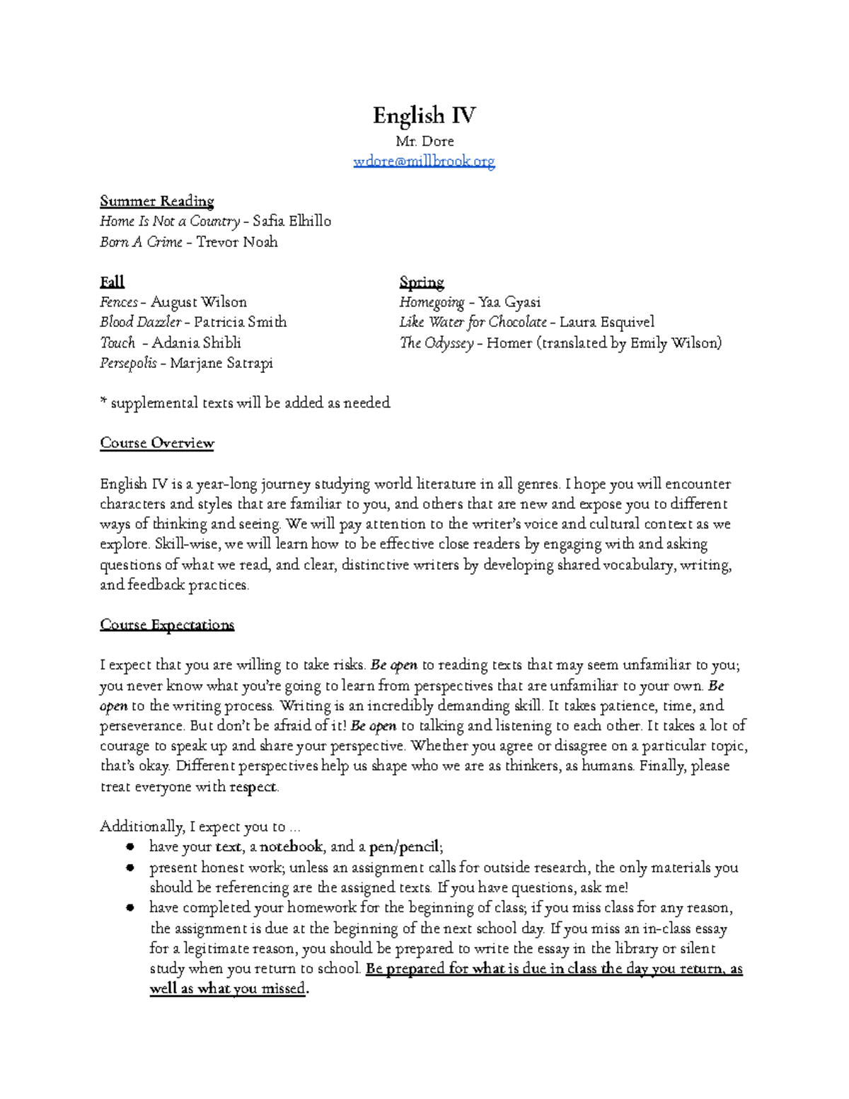ENG IV Course Overview - notes - English IV Mr. Dore wdore@millbrook ...