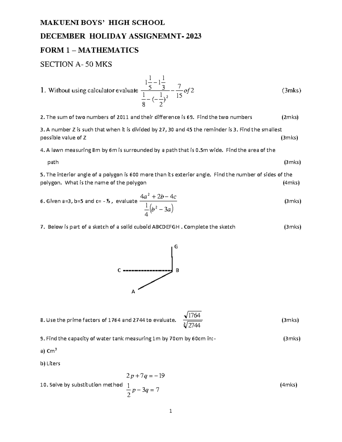 Mathematics Assignments - Form 1 - Mathematics - 1 MAKUENI BOYS’ HIGH ...