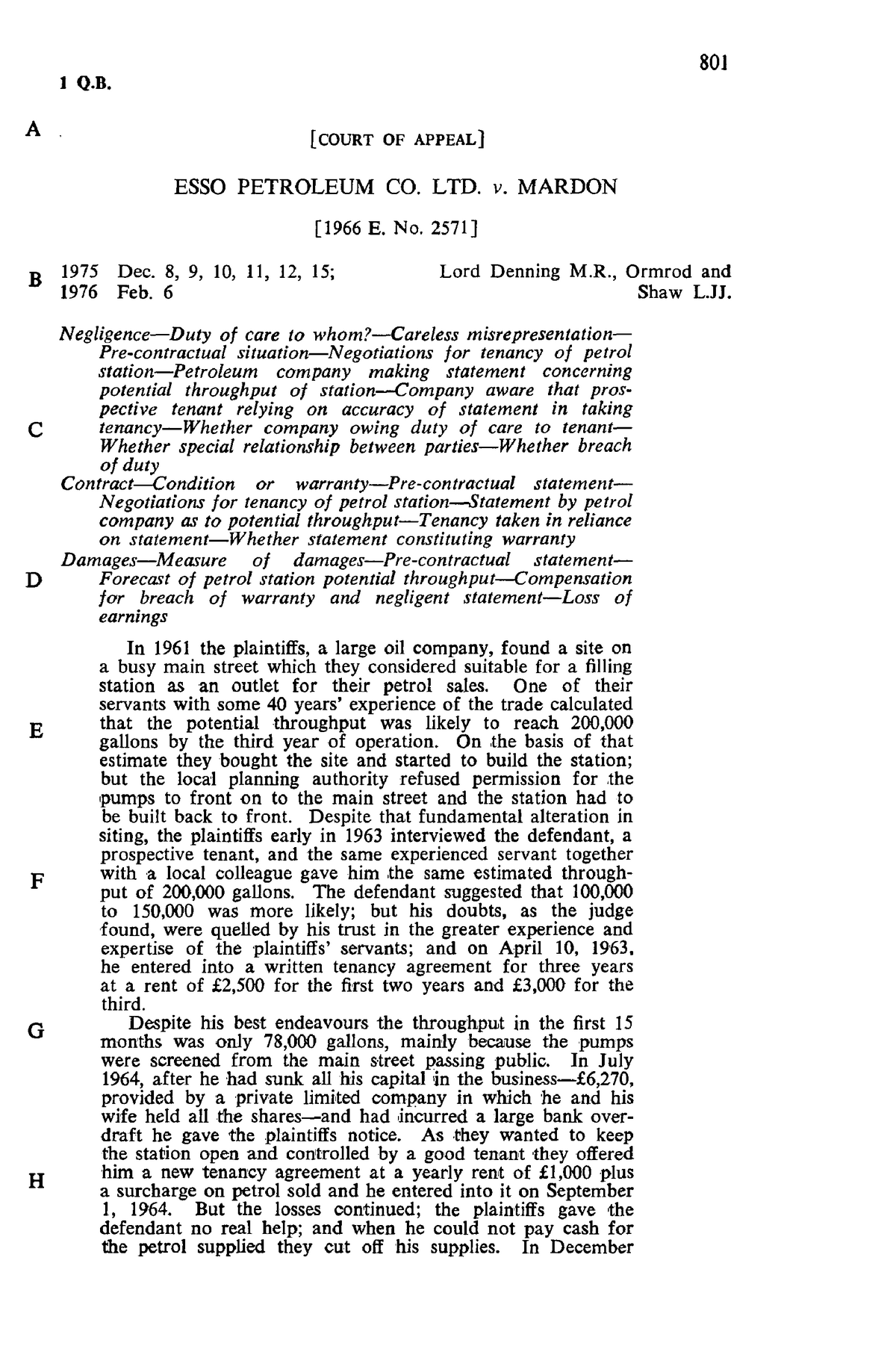 ESSO Petroleum CO. LTD. v. Mardon [1966 E. No. 2571] [1976] Q.B. 801 ...