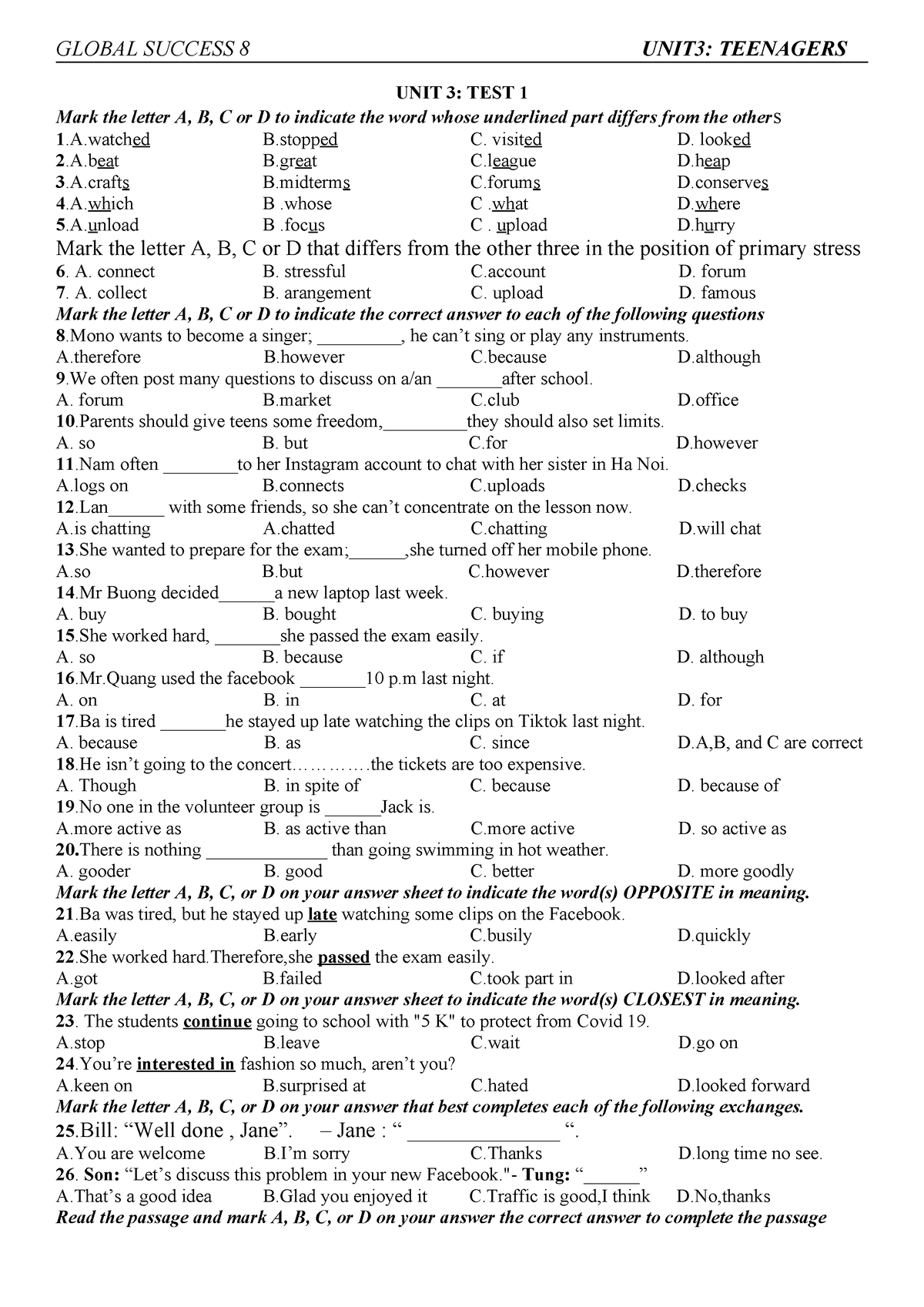 UNIT 3 - Practice TEST - informative - UNIT 3: TEST 1 Mark the letter A ...