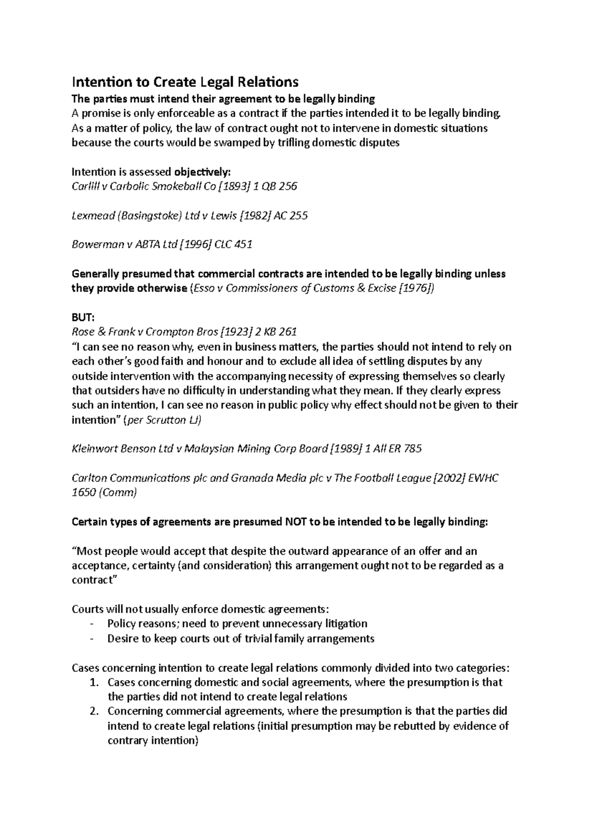 Intention to Create Legal Relations - As a matter of policy, the law of ...