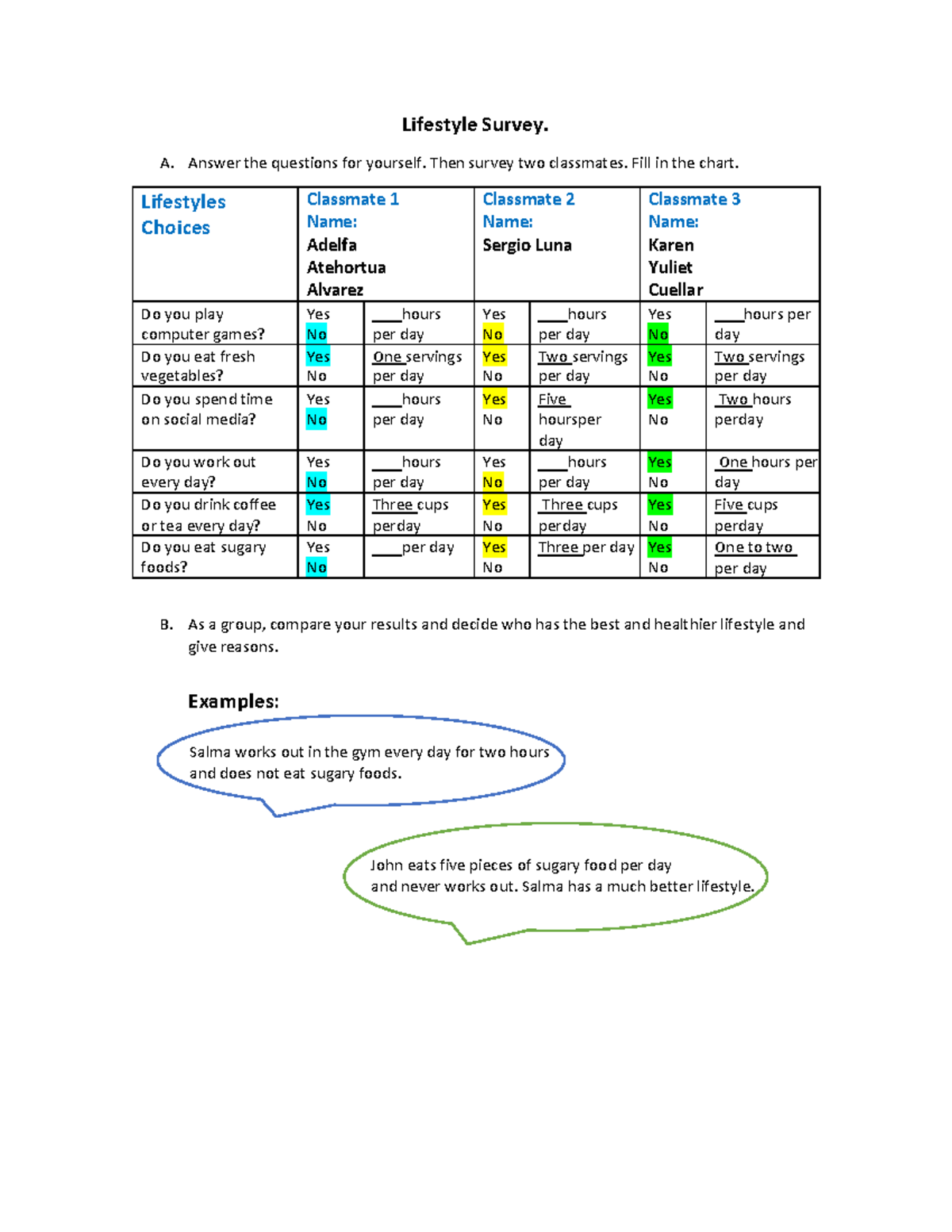 Lifestyle survey Admon noche 2 - Lifestyle Survey. A. Answer the ...