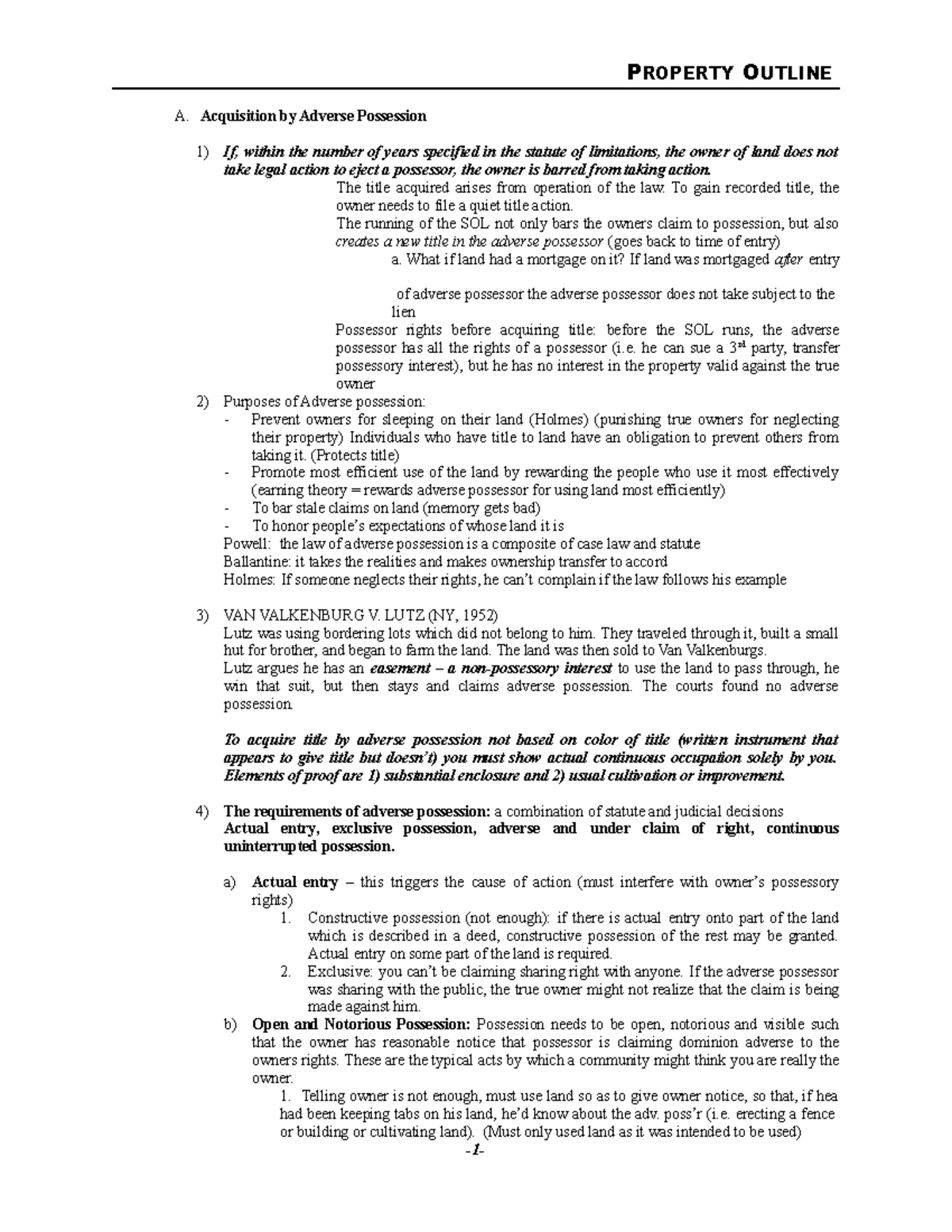 Property Law Outline 1 - A. Acquisition by Adverse Possession If ...