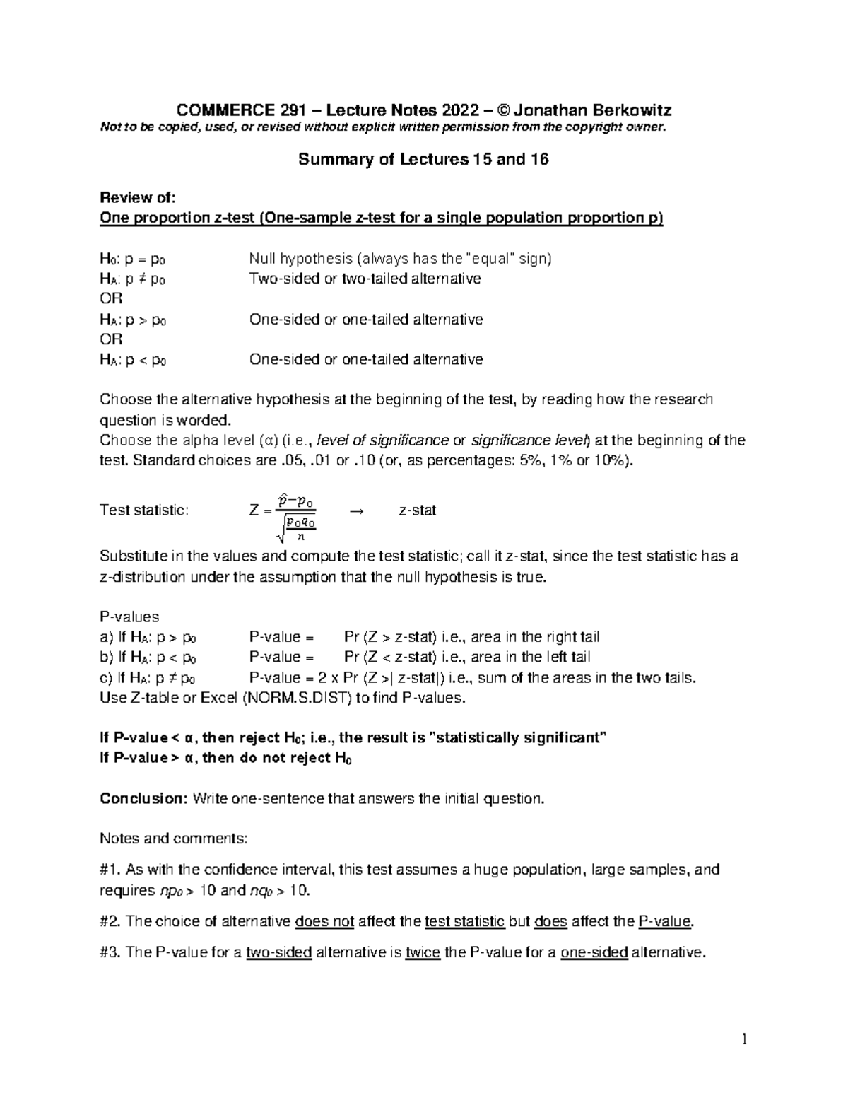 Lectures 14 and 15 (CI and Hypothesis Summary) - COMMERCE 291 – Lecture ...