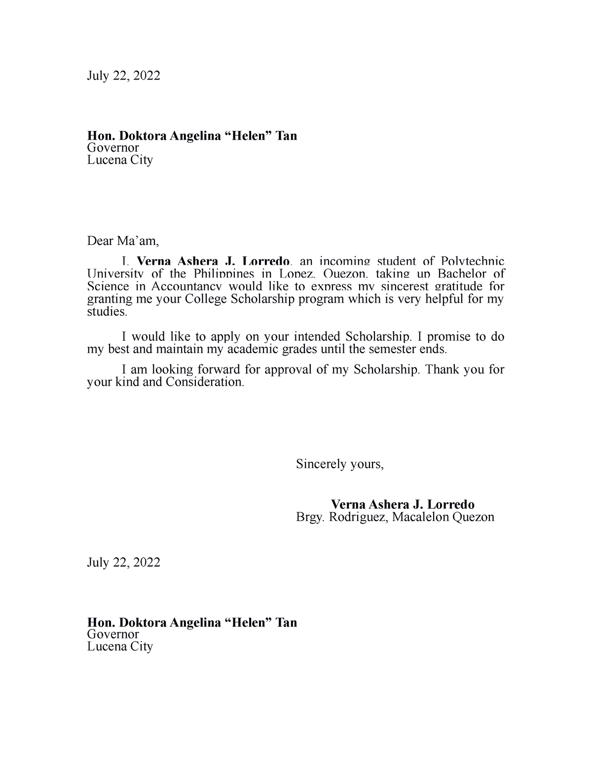 Letter - July 22, 2022 Hon. Doktora Angelina “Helen” Tan Governor ...