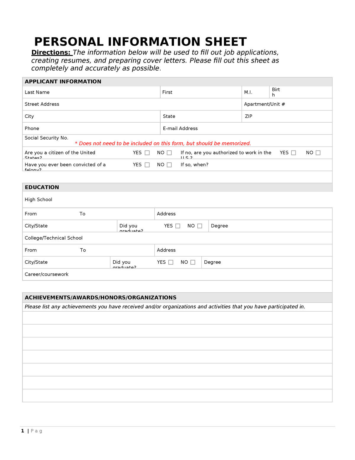 Personal-information-form-01 - 1 | P a g e PERSONAL INFORMATION SHEET ...