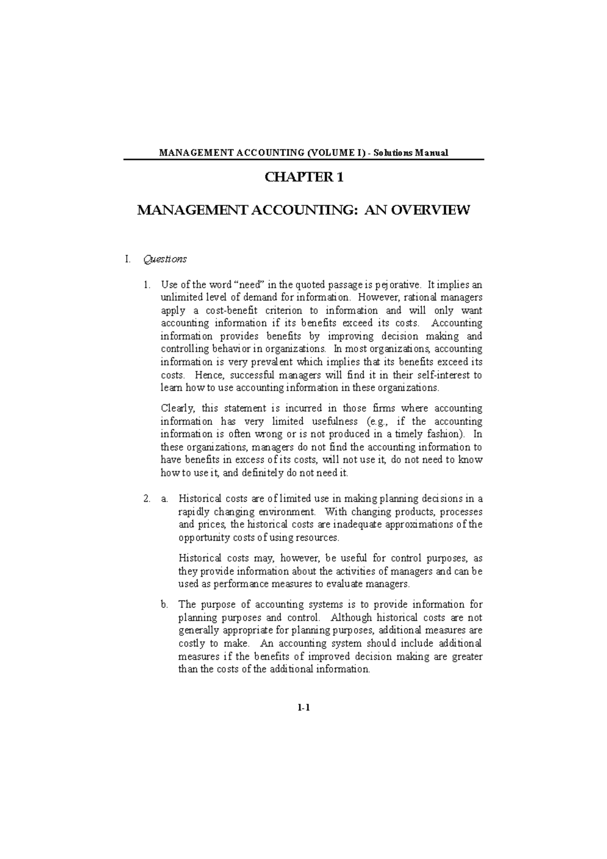 Chapter 01 - Answer - MANAGEMENT ACCOUNTING (VOLUME I) - Solutions ...