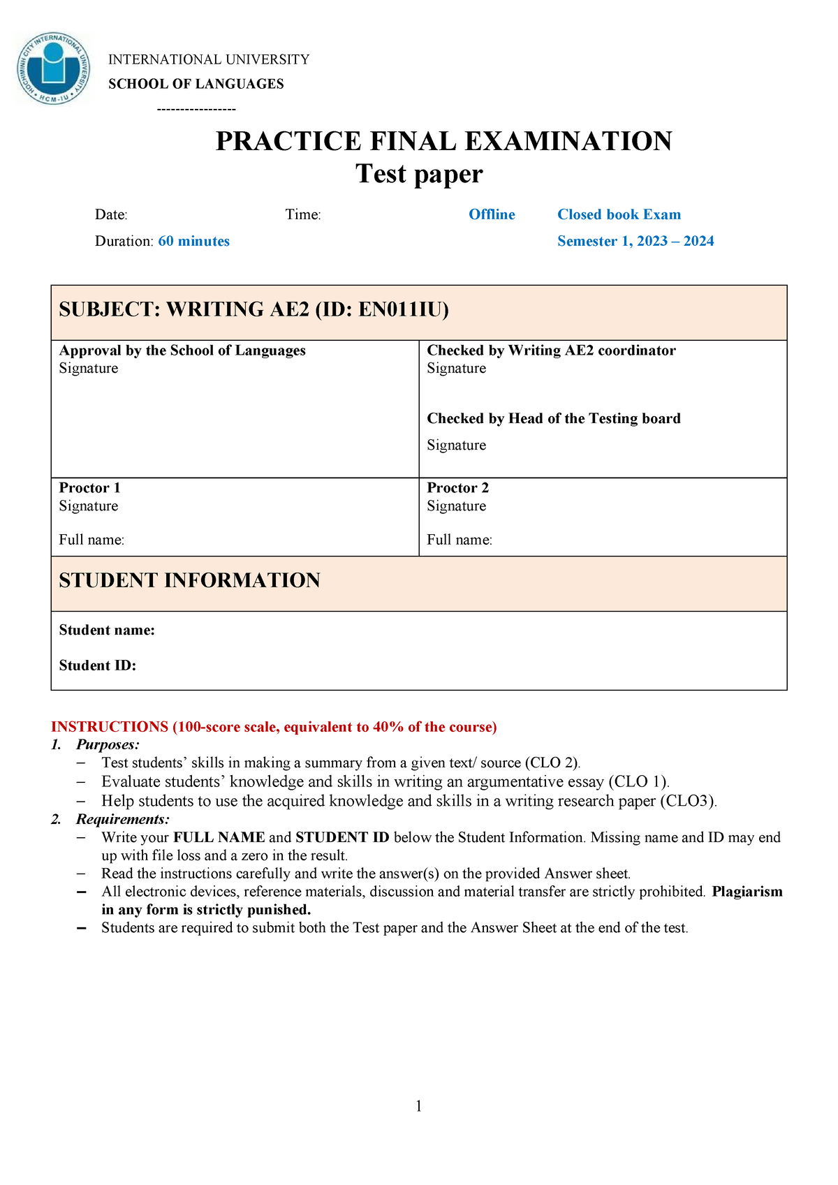 Mock Test AE2 Final - INTERNATIONAL UNIVERSITY SCHOOL OF LANGUAGES ...