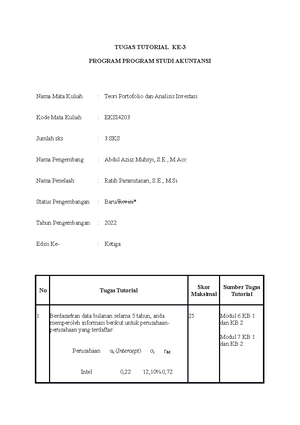 Tugas 3 Teori Portofolio Dan Analisis Investasi - No Tugas Tutorial ...