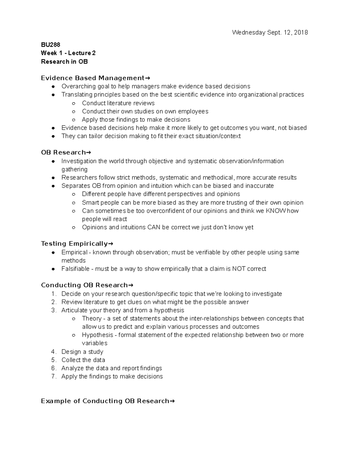 Week 1 - Lecture 2 - Organizational Behaviour - Wednesday Sept. 12 ...