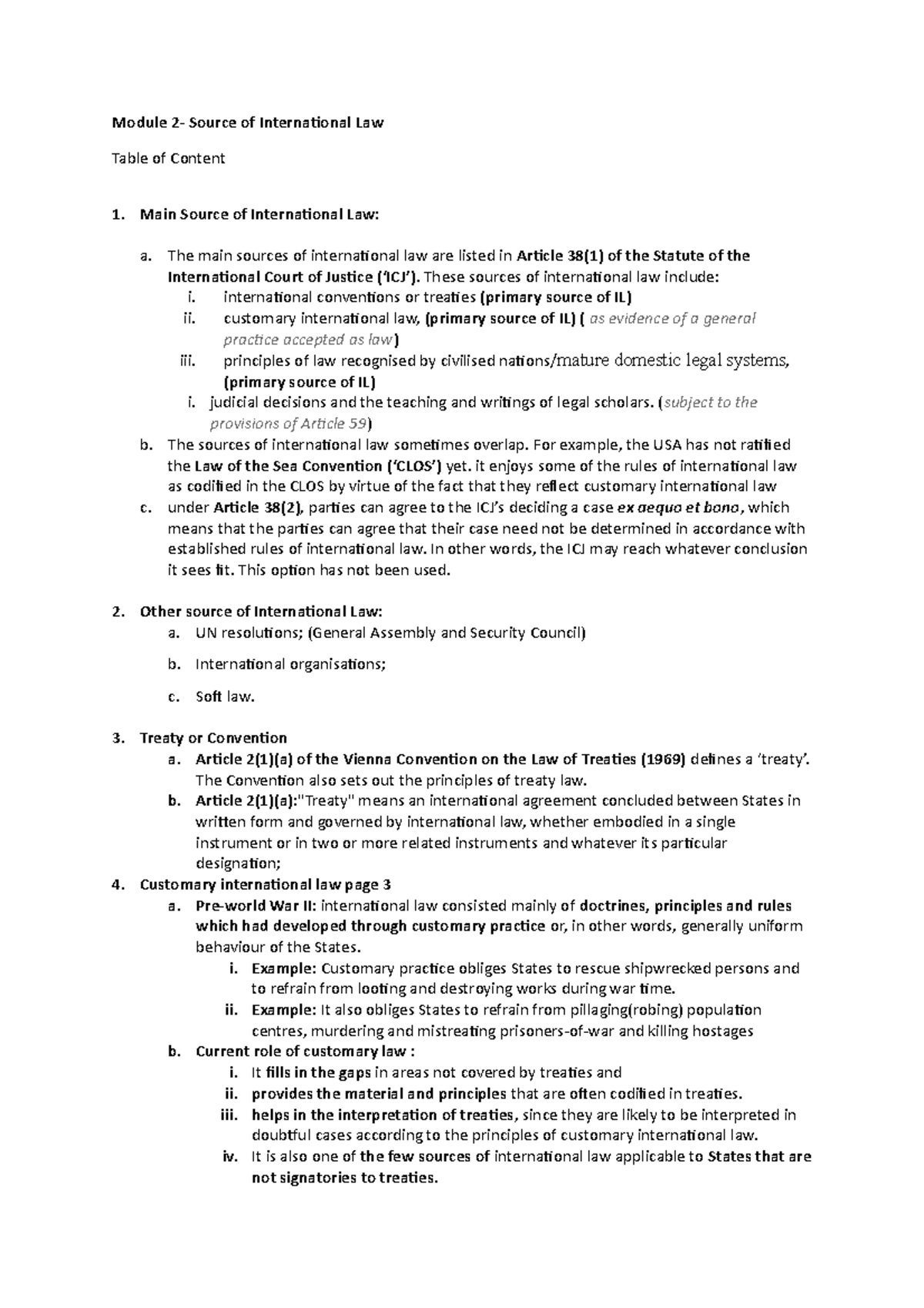 Module 2-Exam Notes - Module 2- Source of International Law Table of ...