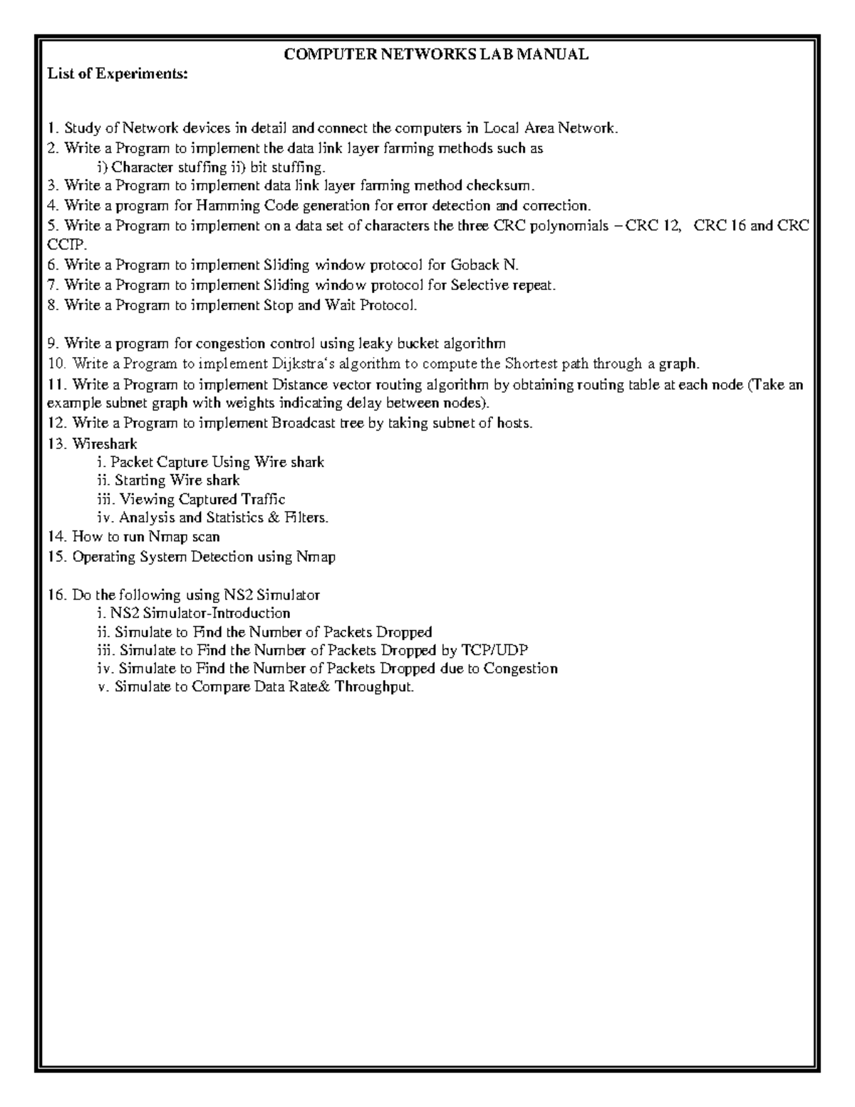 Computer Networks LAB Manual COMPUTER NETWORKS LAB MANUAL List of
