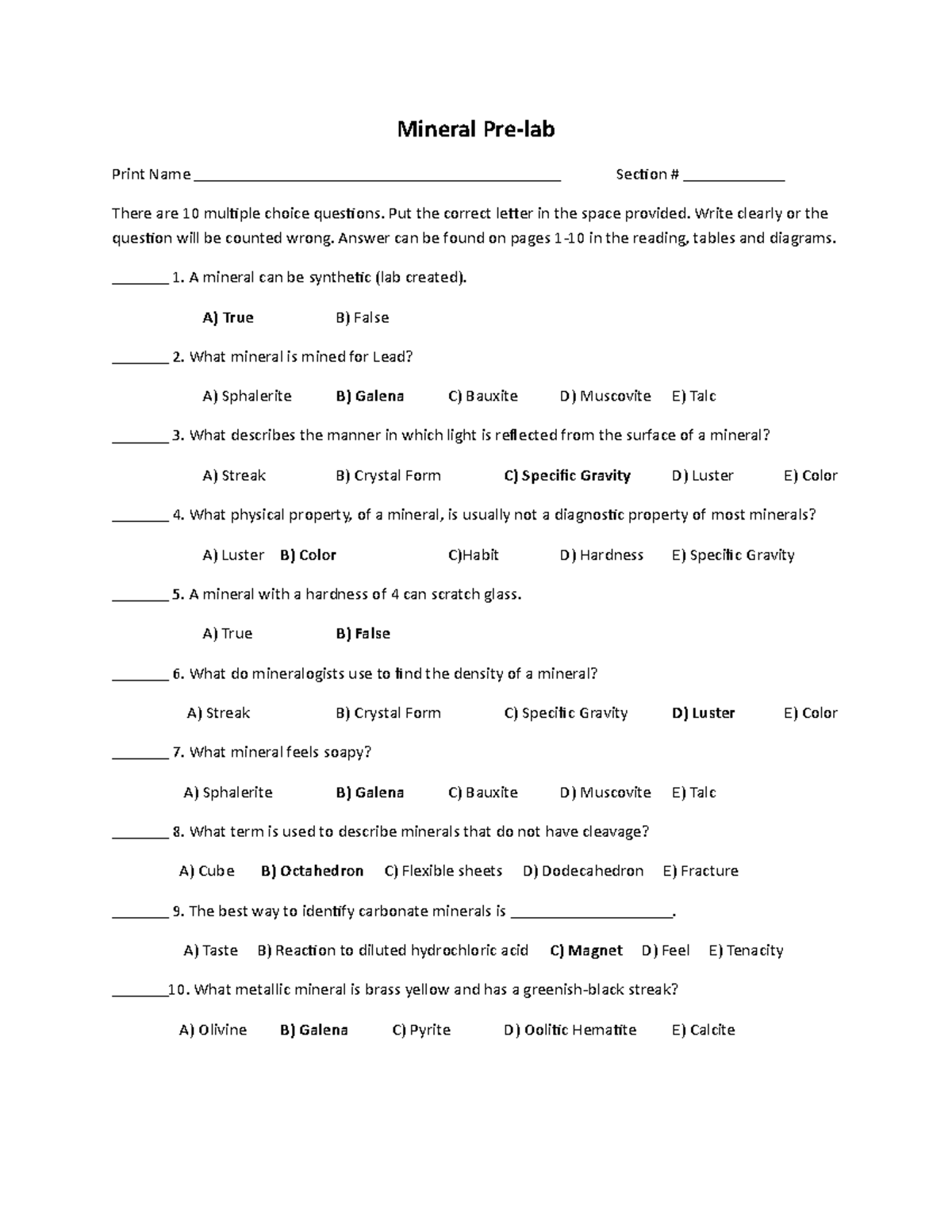 Mineral Prelab Quiz Mineral Prelab Print Name Section There are