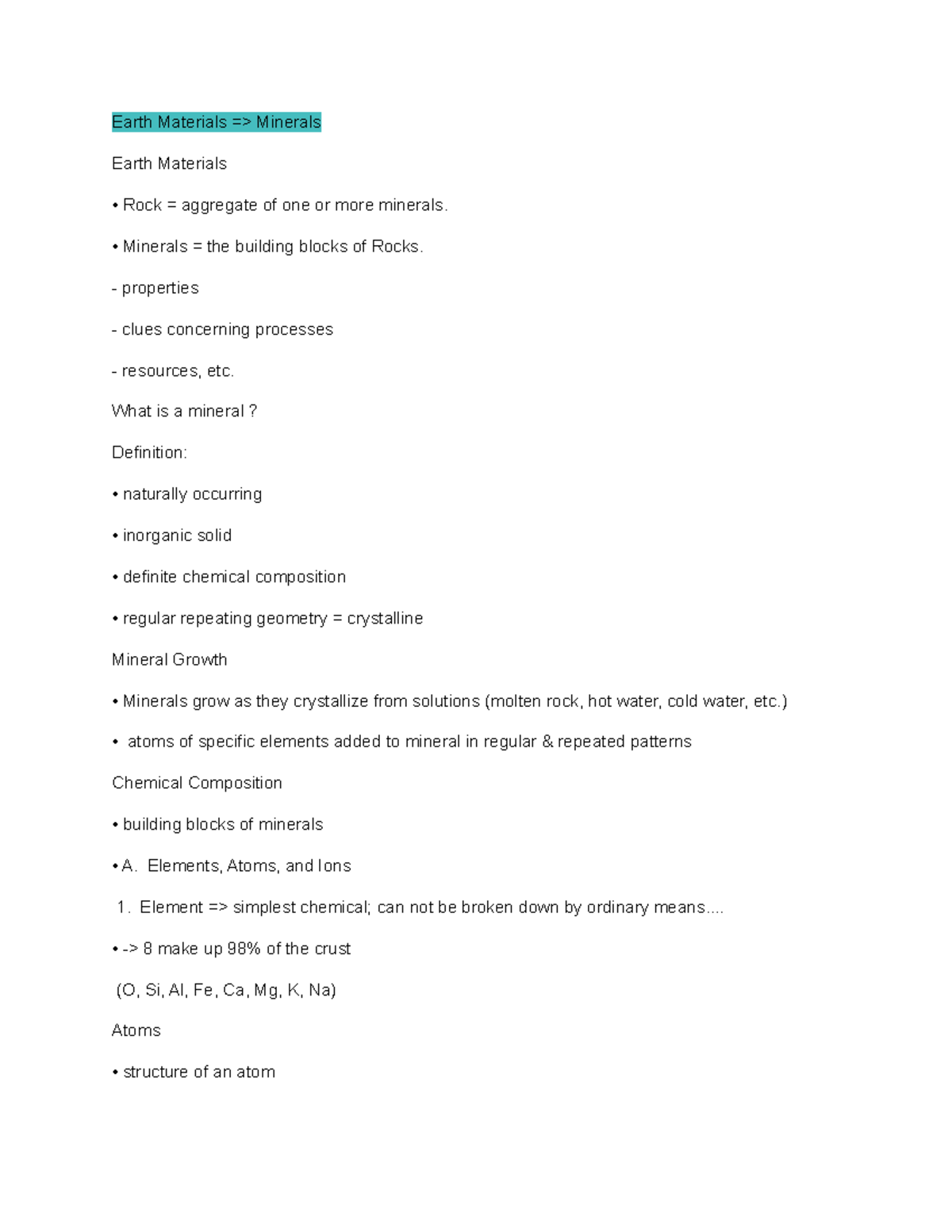 Earth Materials = Minerals - Earth Materials => Minerals Earth ...