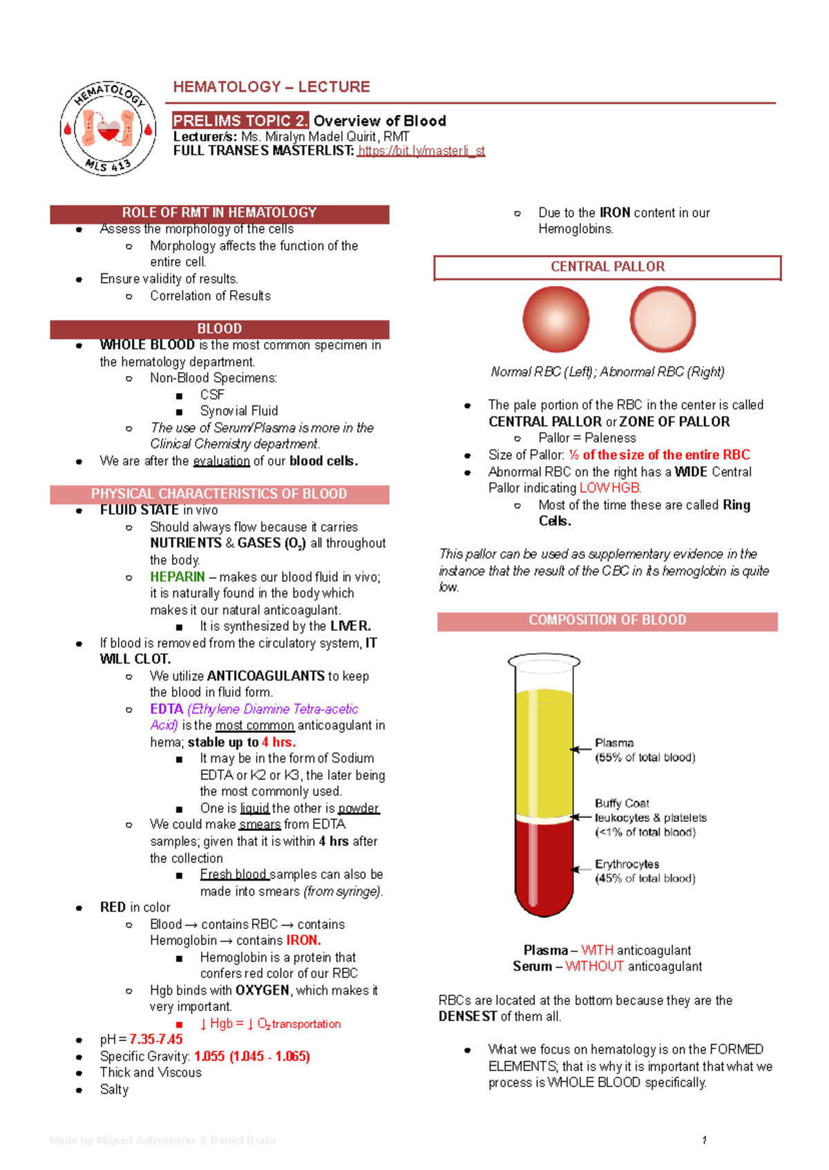 [HEMA-LEC] Prelims FULL - HEMATOLOGY – LECTURE PRELIMS TOPIC 2 ...