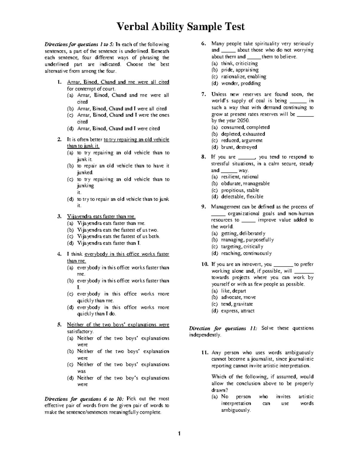 Verbal+Ability English - 1 Directions for questions 1 to 5: In each of ...