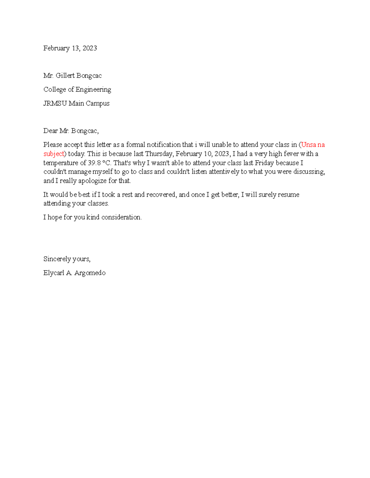 Letter - School requirement - February 13, 2023 Mr. Gillert Bongcac ...