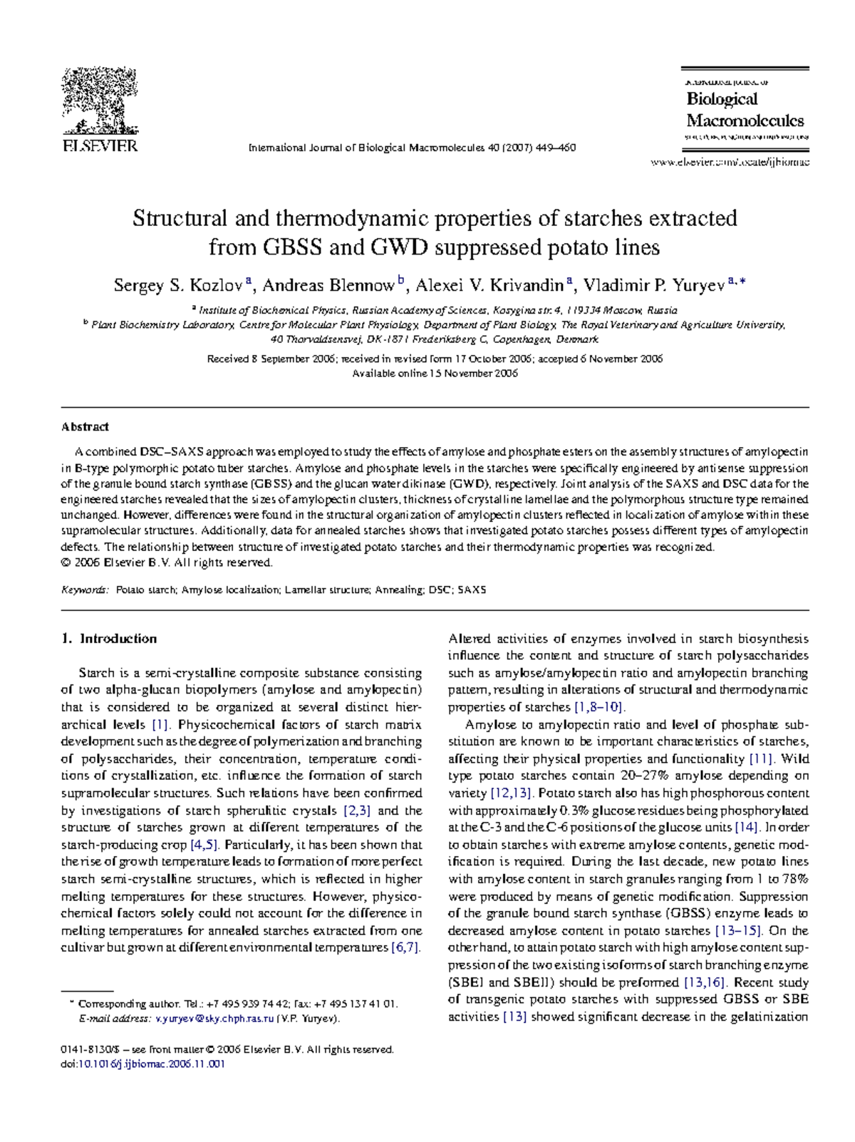 Structural and thermodynamic properties of starches extracted from GBSS