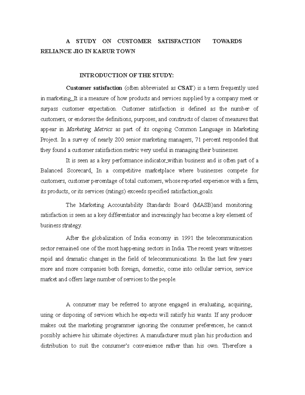 GOVT JIO Projects - A STUDY ON CUSTOMER SATISFACTION TOWARDS RELIANCE ...