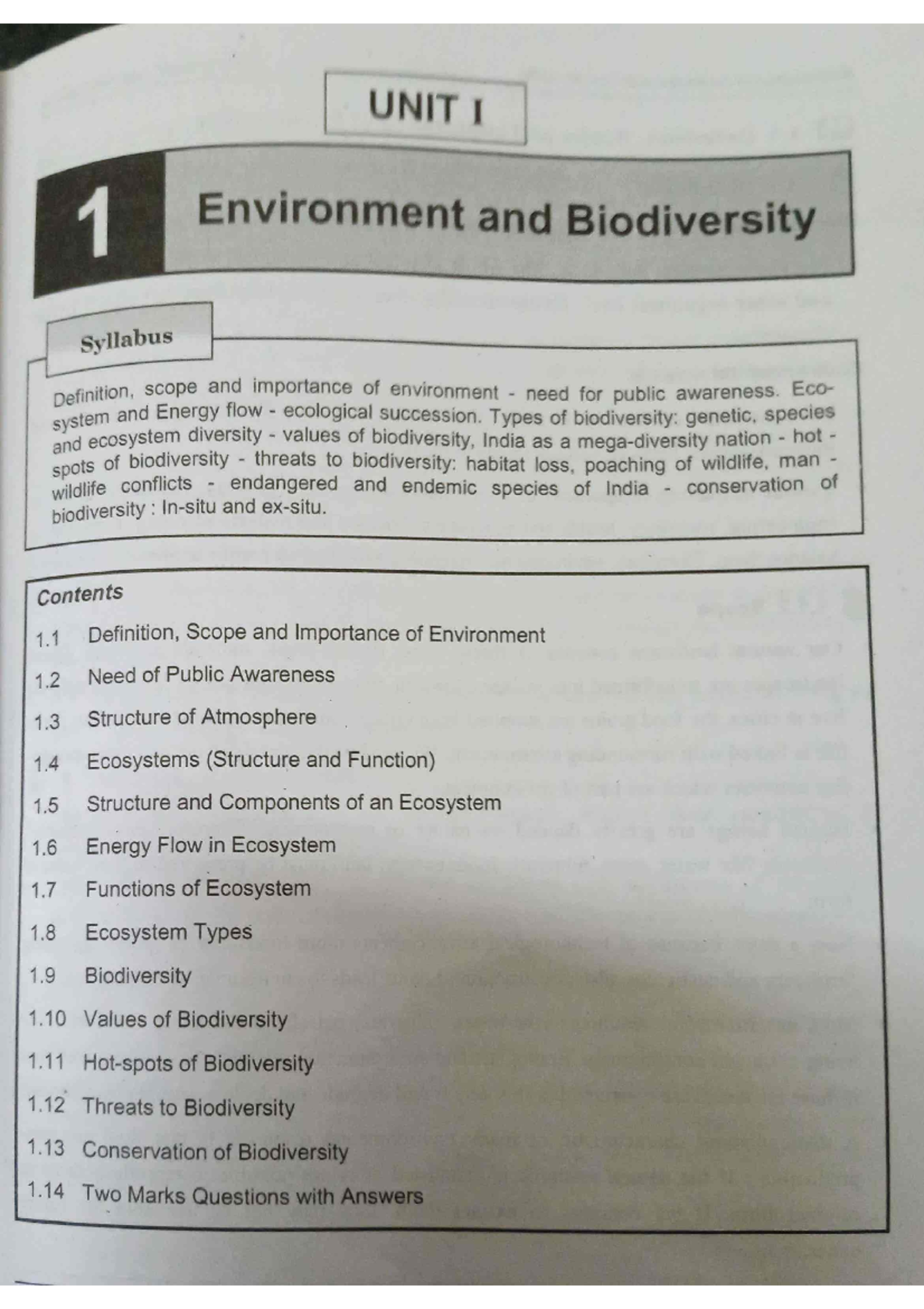 EVSS unit-1 - ENVIRONMENTAL SCIENECE UNIT 1 - UNIT I 1 Environment and ...