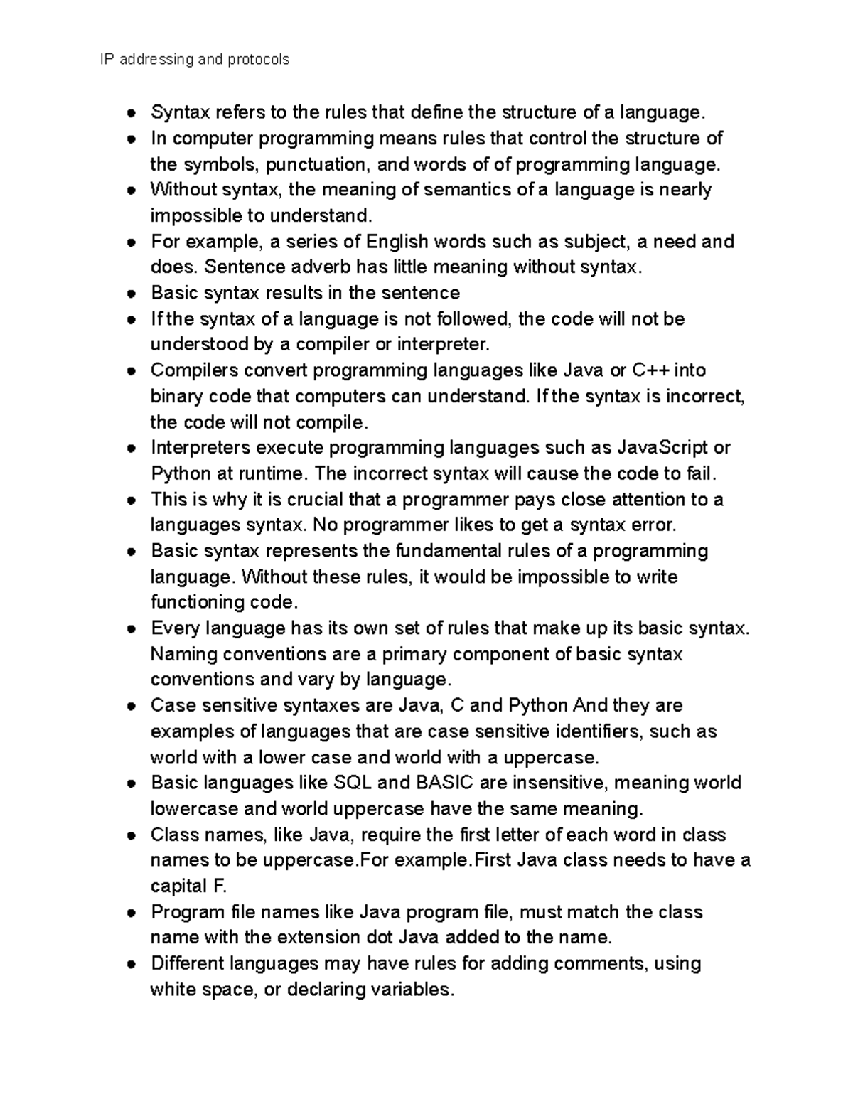 College notes 2 - The use of syntax - IP addressing and protocols ...