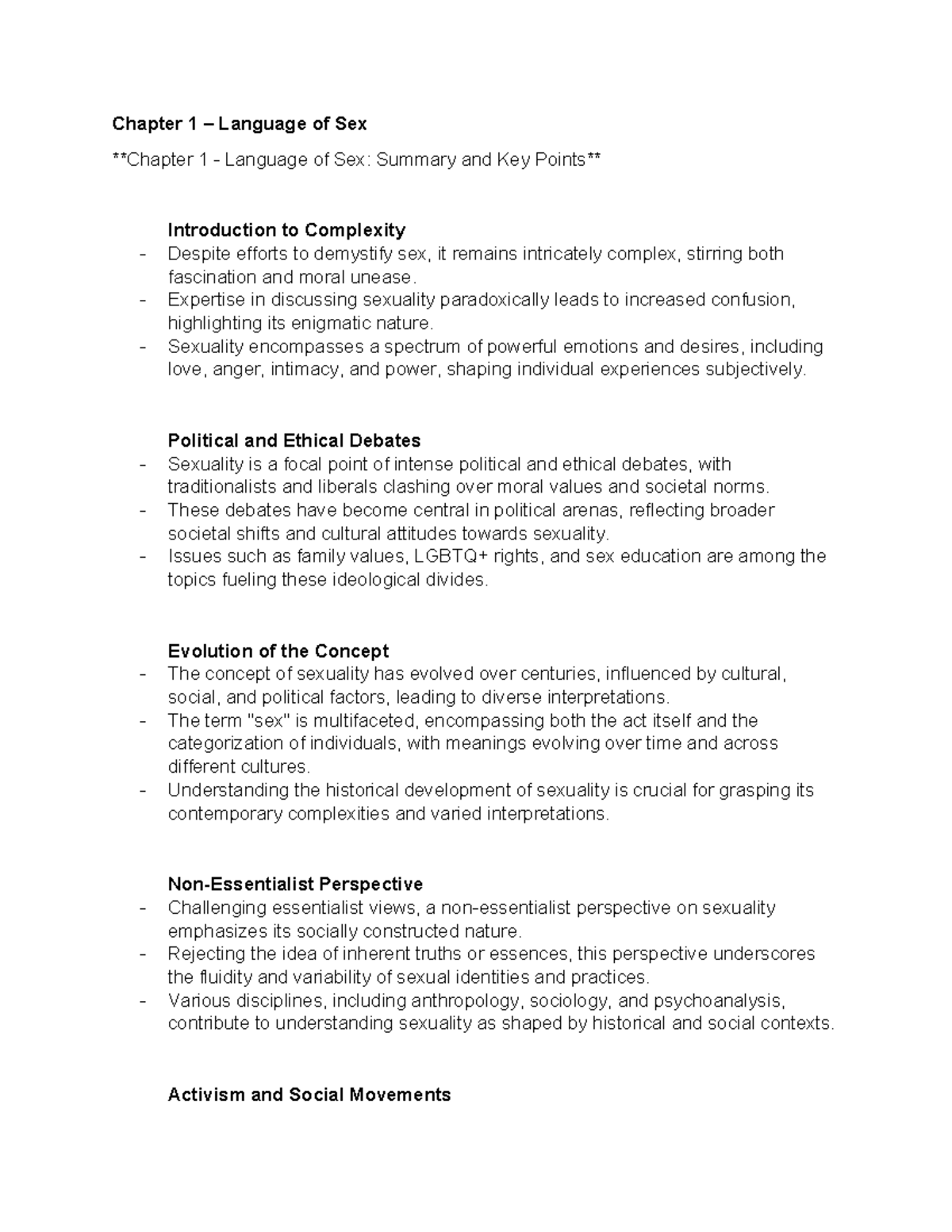 Sexuality Key Points Chapter 1 Language Of Sex Chapter 1 Language Of Sex Summary And Key