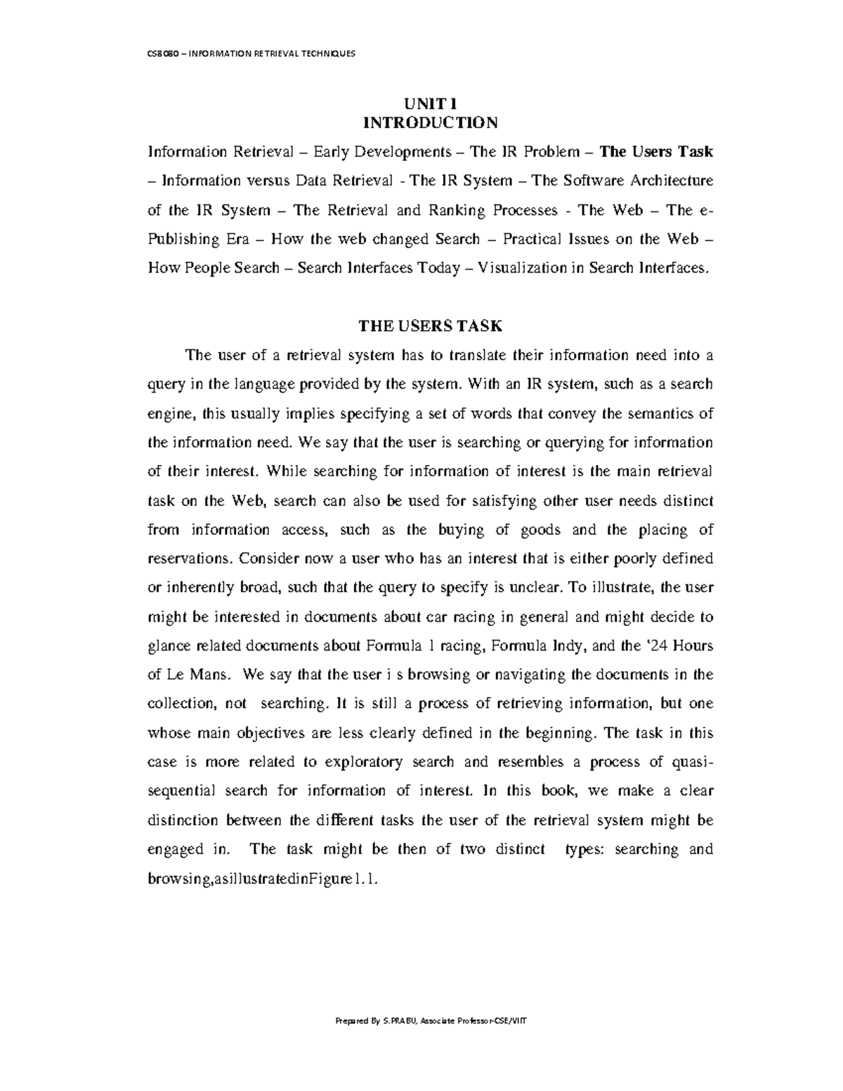 UNIT 1 4 USER TASK - CS8080 – INFORMATION RETRIEVAL TECHNIQUES Prepared ...